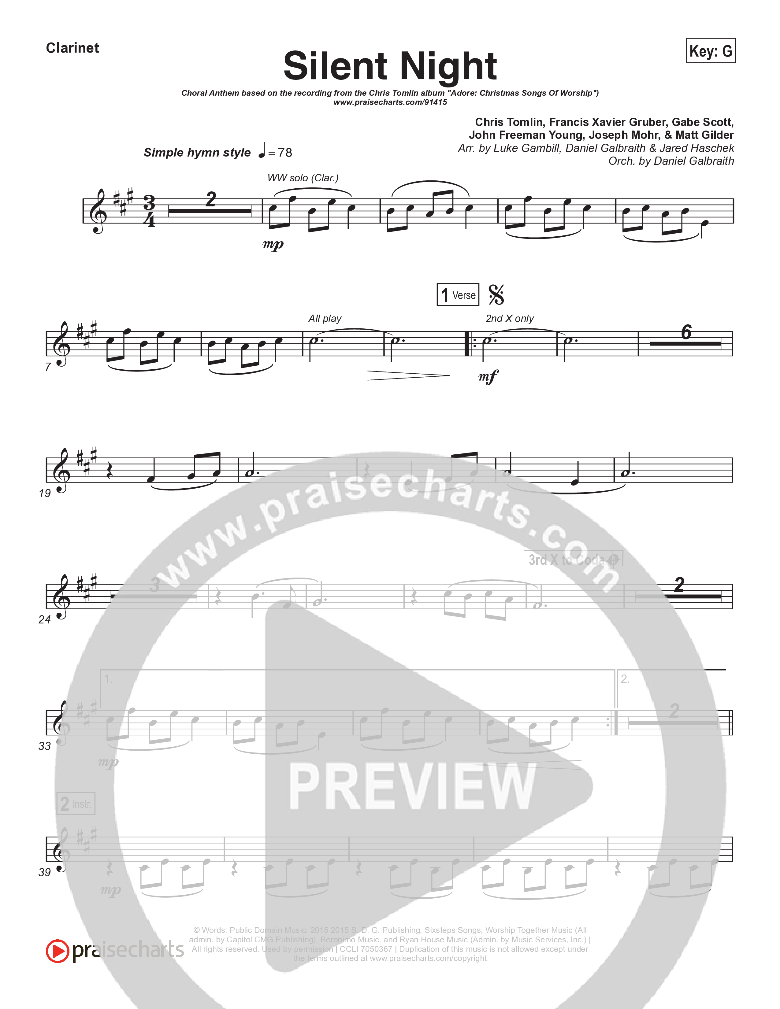 Silent Night (Choral Anthem SATB) Clarinet 1,2 (Chris Tomlin / Kristyn Getty / Arr. Luke Gambill)