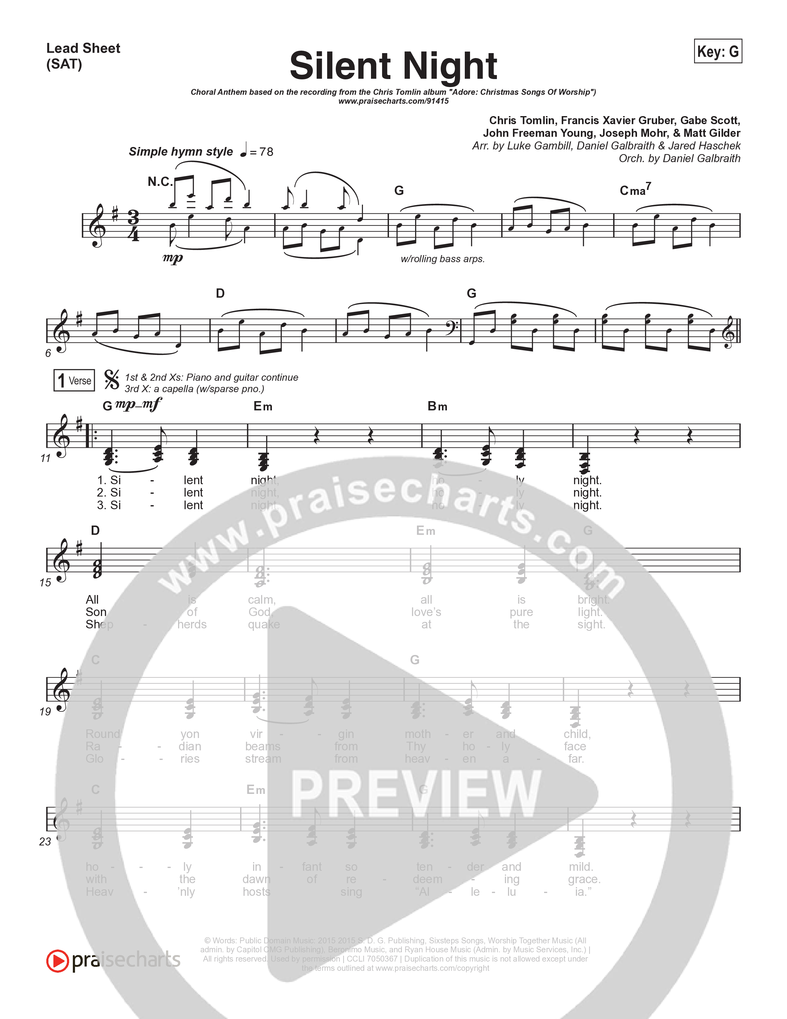 Silent Night (Choral Anthem SATB) Lead Sheet (SAT) (Chris Tomlin / Kristyn Getty / Arr. Luke Gambill)