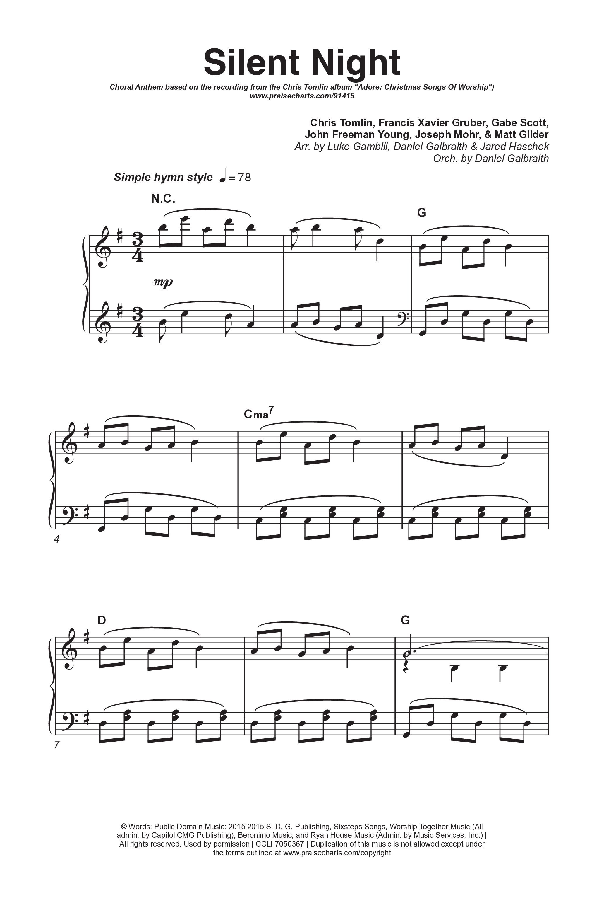 Silent Night (Choral Anthem SATB) Octavo (SATB & Pno) (Chris Tomlin / Kristyn Getty / Arr. Luke Gambill)