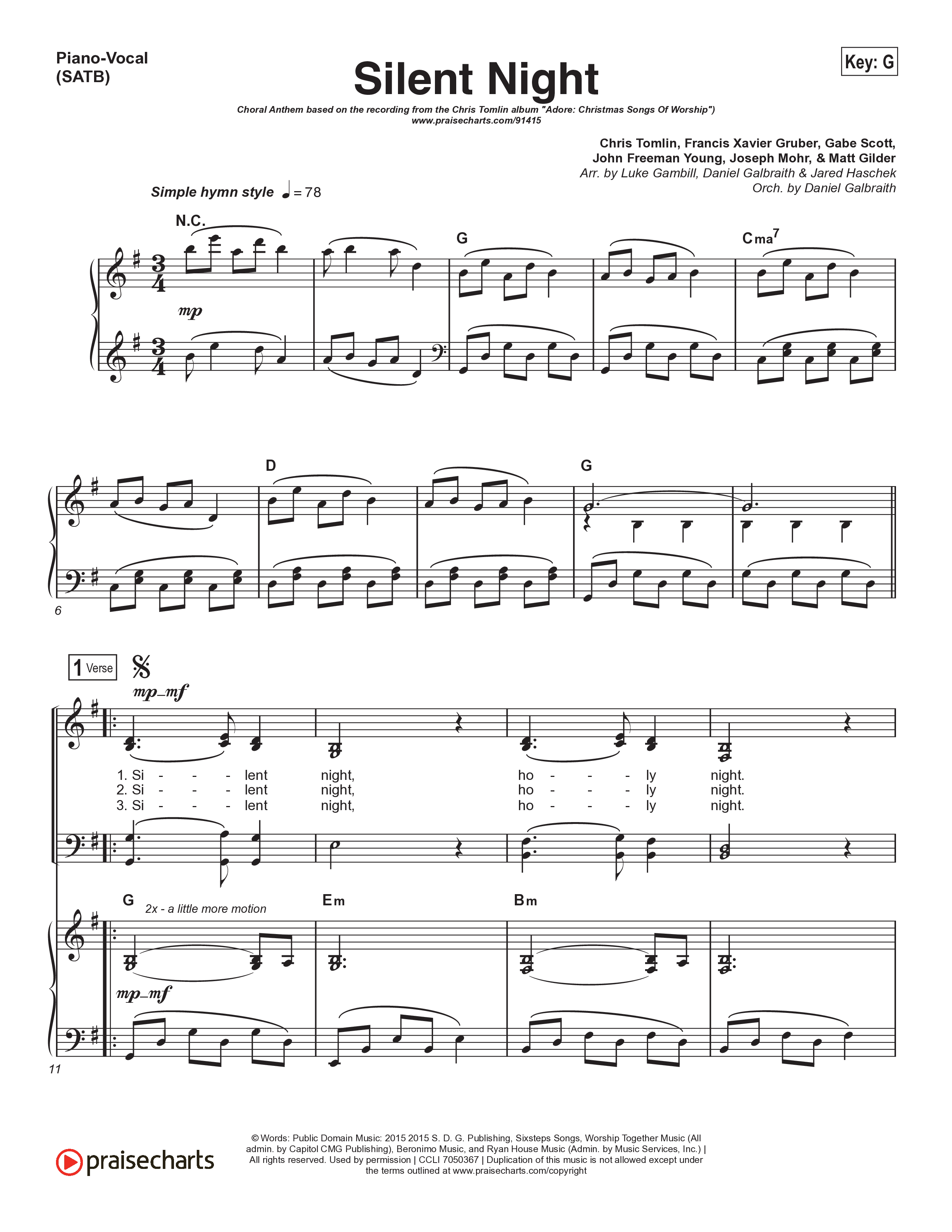 Silent Night (Choral Anthem SATB) Piano/Vocal (SATB) (Chris Tomlin / Kristyn Getty / Arr. Luke Gambill)