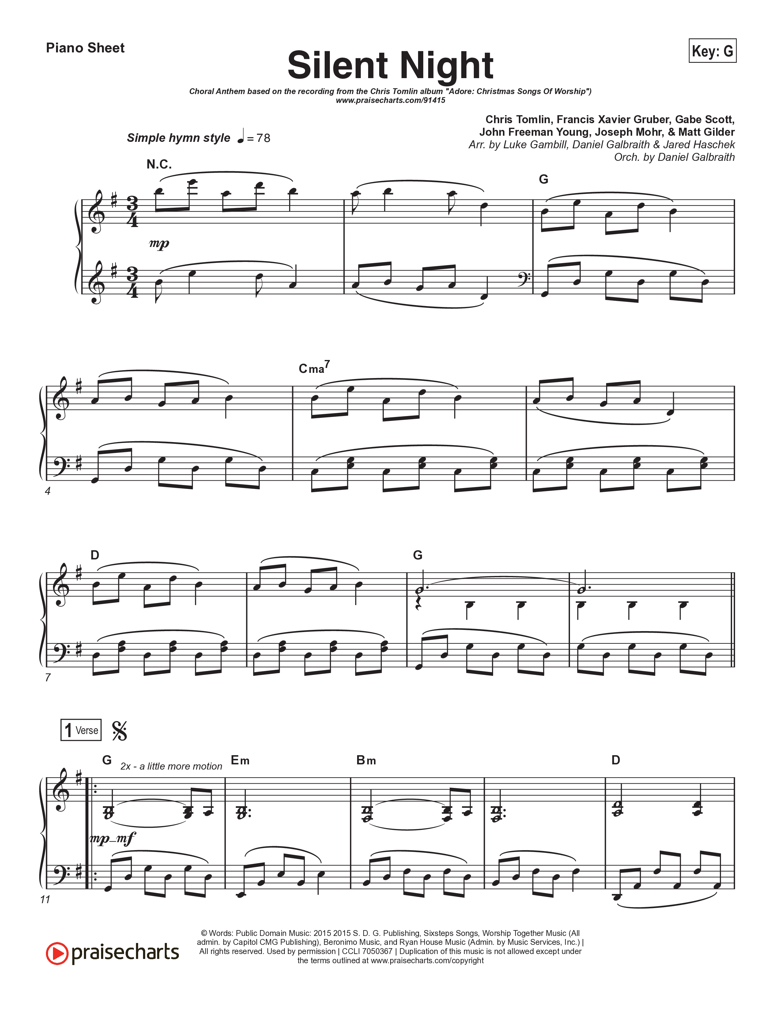 Silent Night (Choral Anthem SATB) Piano Sheet (Chris Tomlin / Kristyn Getty / Arr. Luke Gambill)