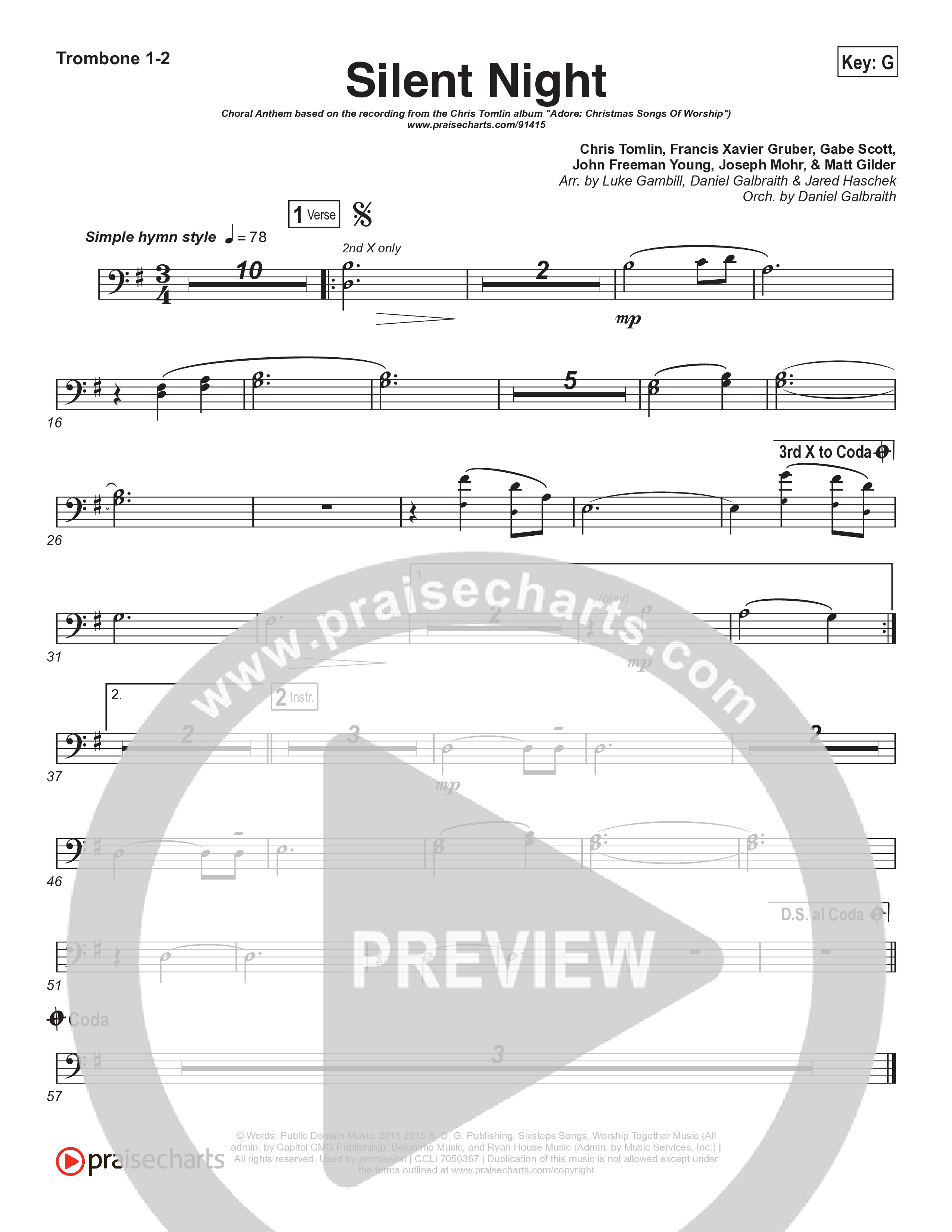 Silent Night (Choral Anthem SATB) Trombone 1,2 (Chris Tomlin / Kristyn Getty / Arr. Luke Gambill)