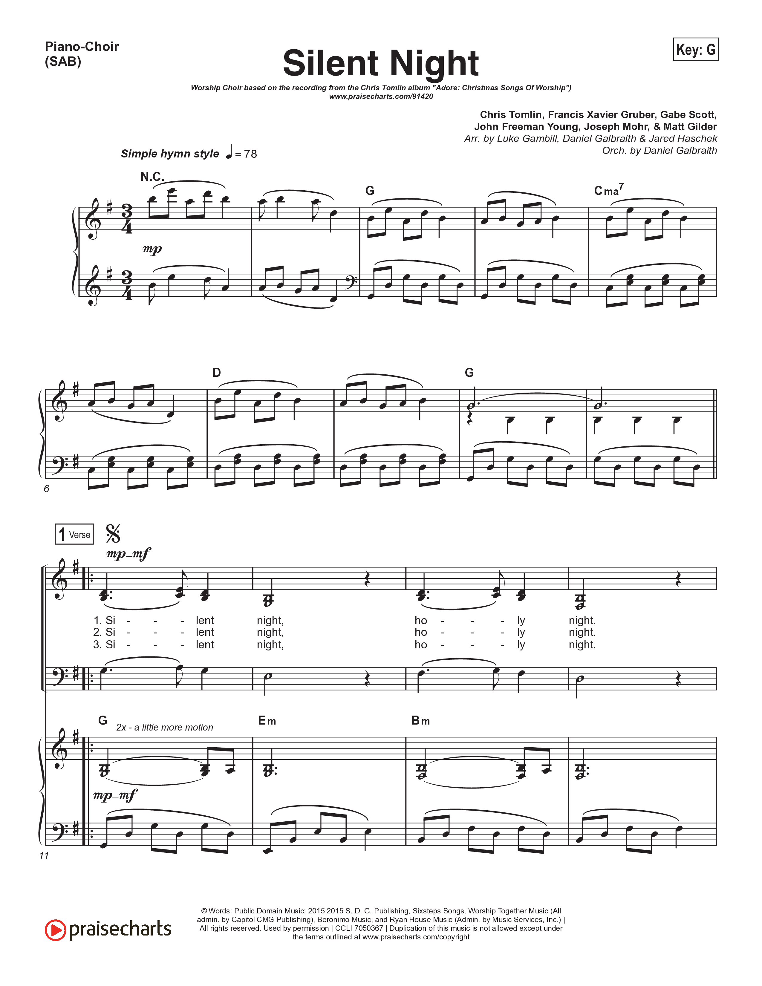 Silent Night (Worship Choir/SAB) Piano/Choir (SAB) (Chris Tomlin / Kristyn Getty / Arr. Luke Gambill)