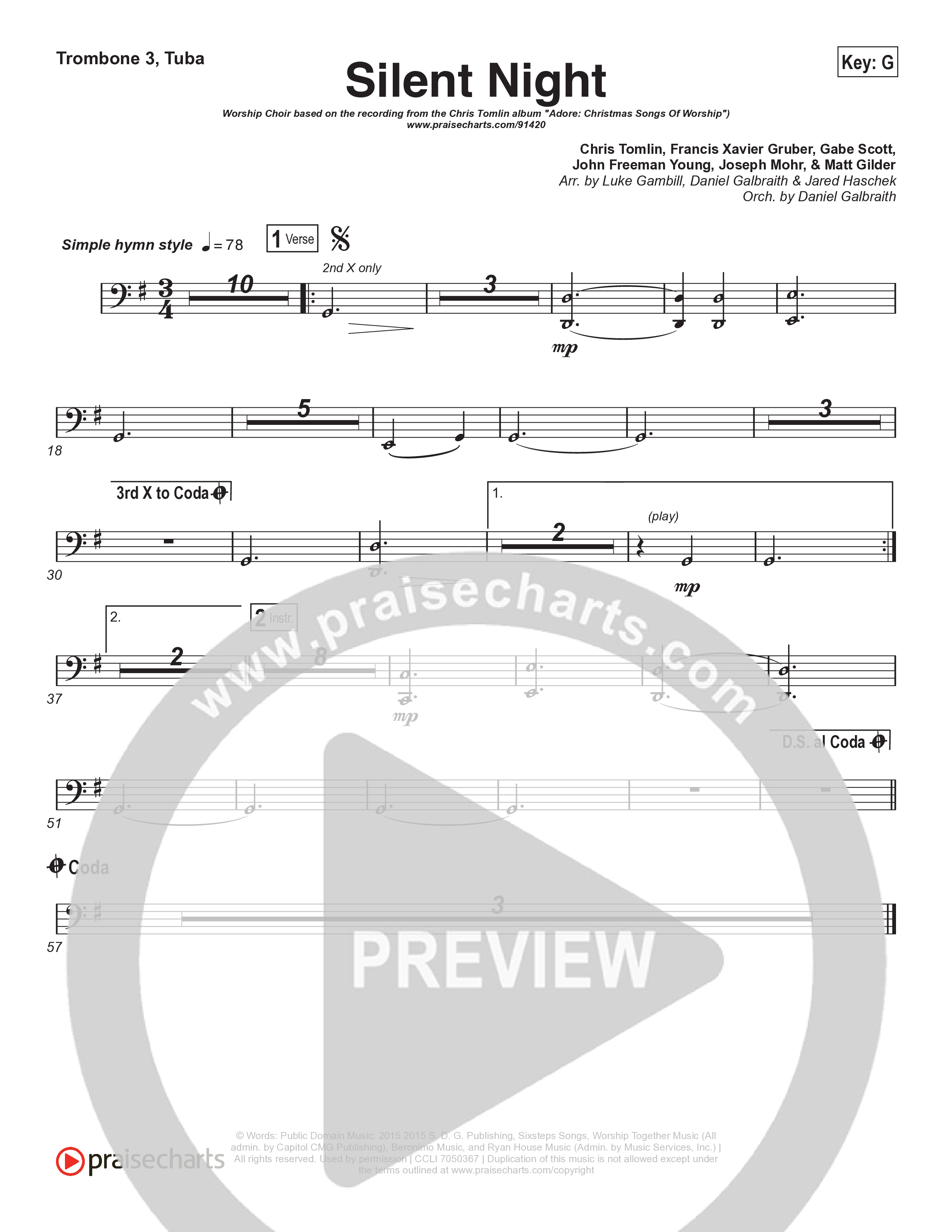Silent Night (Worship Choir/SAB) Trombone 3/Tuba (Chris Tomlin / Kristyn Getty / Arr. Luke Gambill)