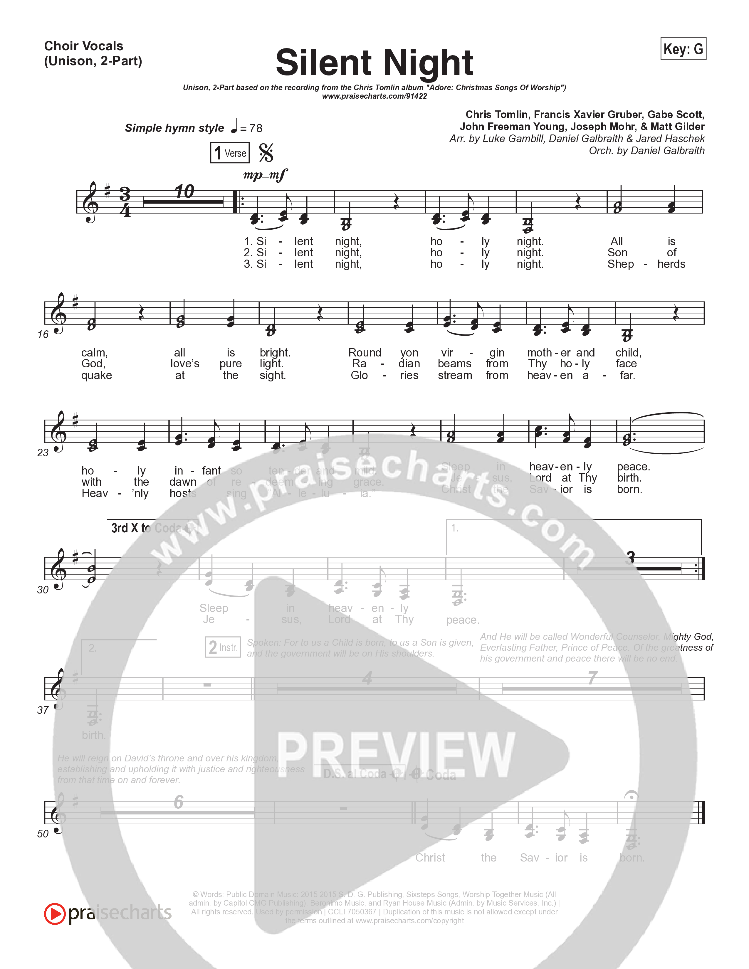 Silent Night (Unison/2-Part) Choir Vocals (Uni/2-Part) (Chris Tomlin / Kristyn Getty / Arr. Luke Gambill)