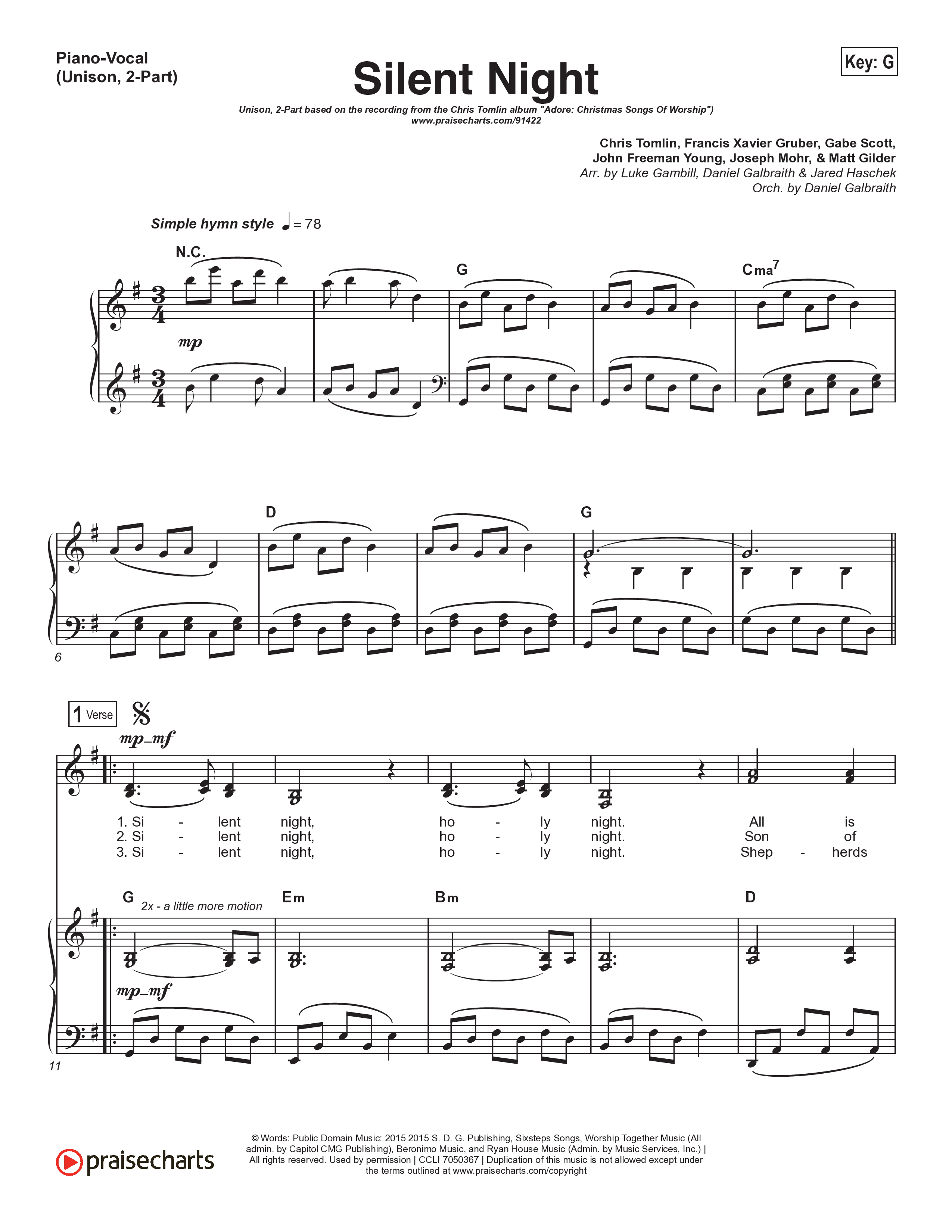 Silent Night (Unison/2-Part) Piano/Choir  (Uni/2-Part) (Chris Tomlin / Kristyn Getty / Arr. Luke Gambill)
