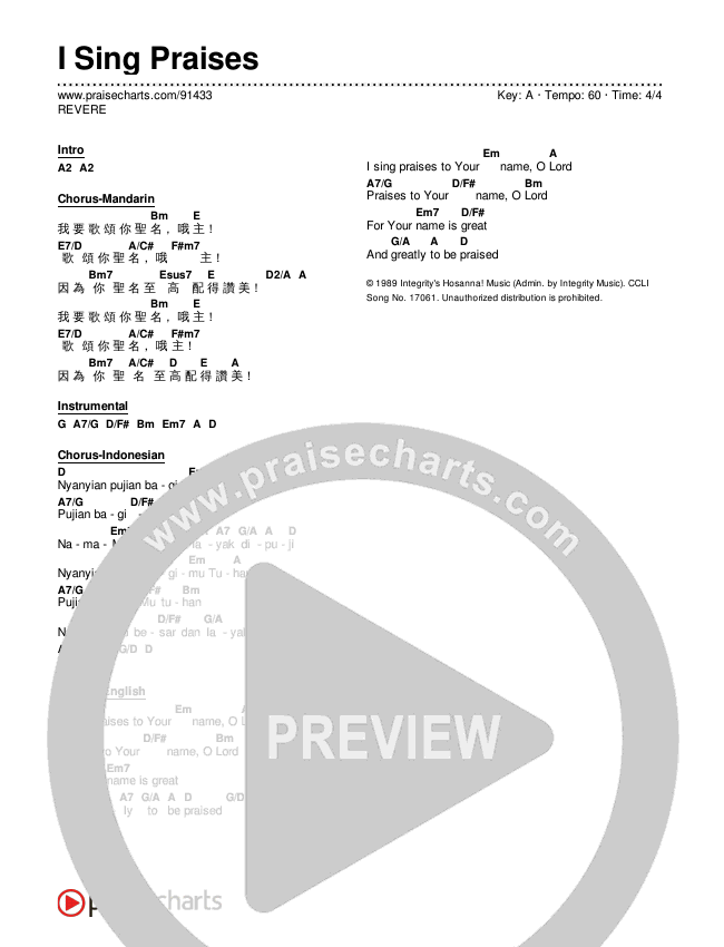 I Sing Praises Chord Chart (REVERE)