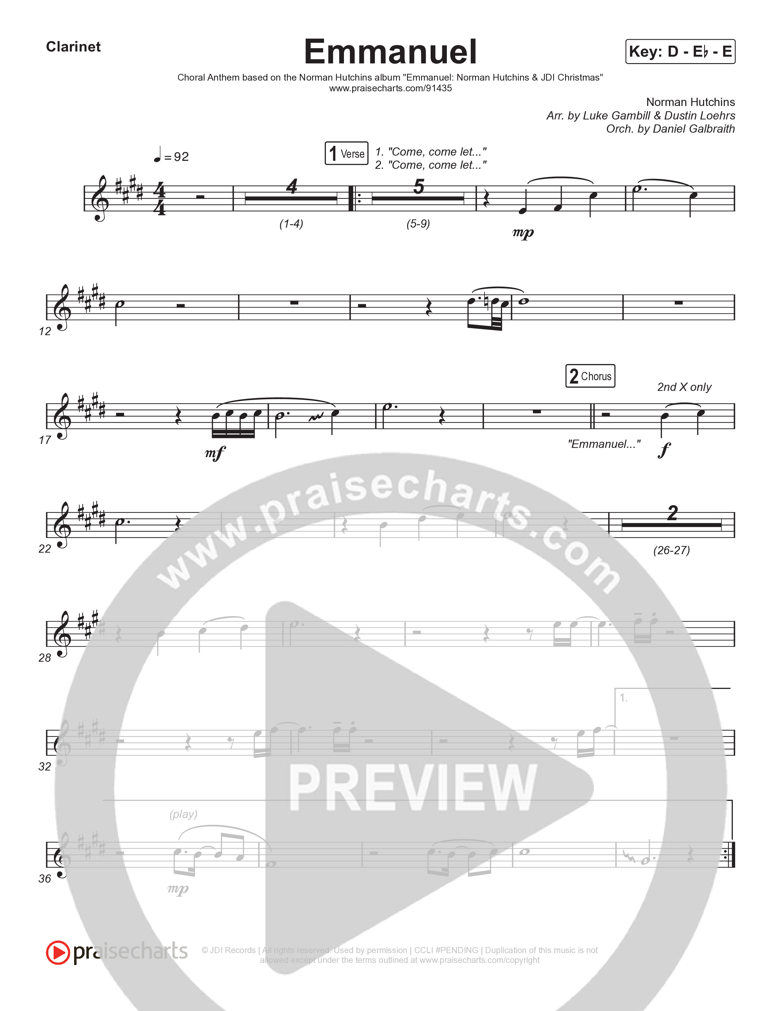 Emmanuel (Choral Anthem SATB) Clarinet 1,2 (Norman Hutchins / Arr. Luke Gambill)