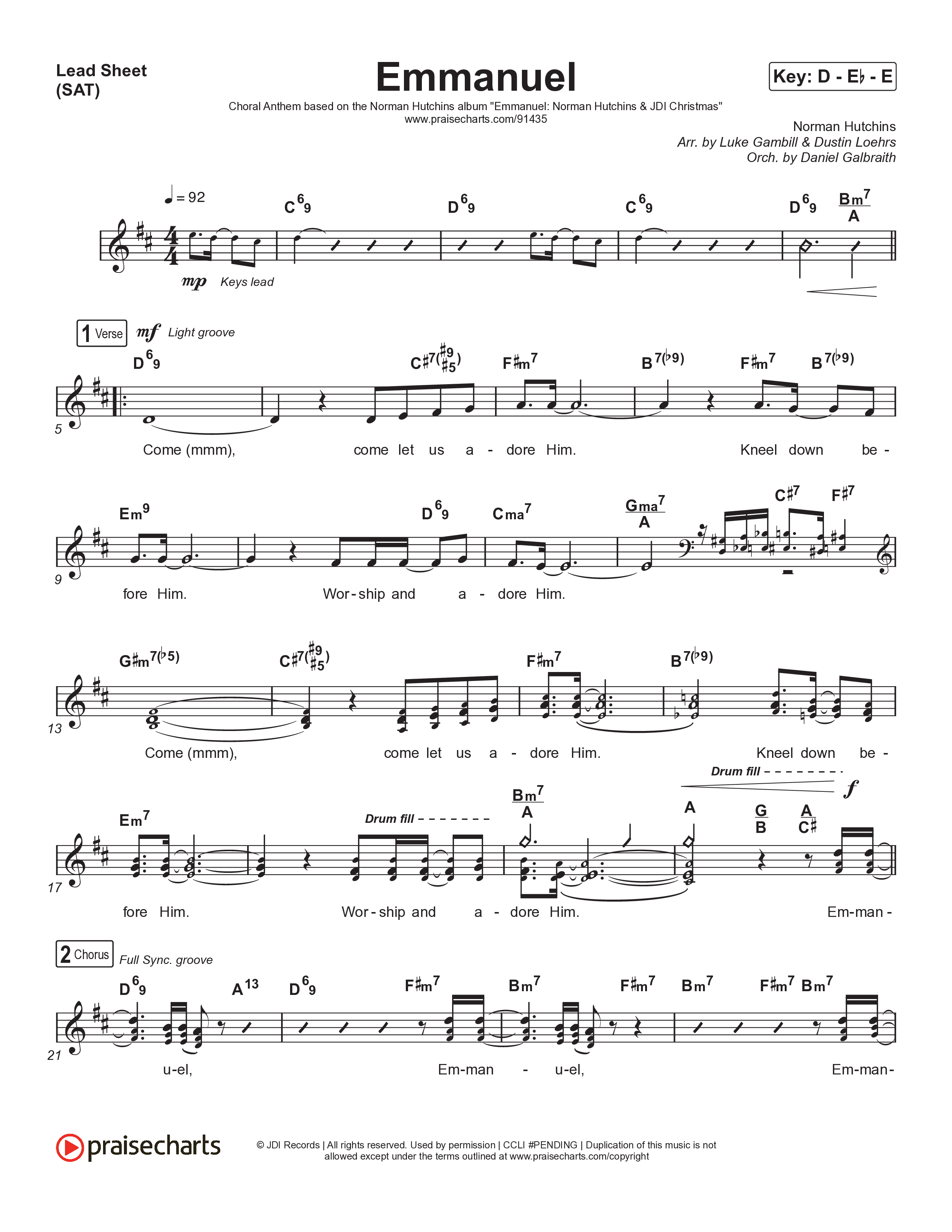 Emmanuel (Choral Anthem SATB) Lead Sheet (SAT) (Norman Hutchins / Arr. Luke Gambill)