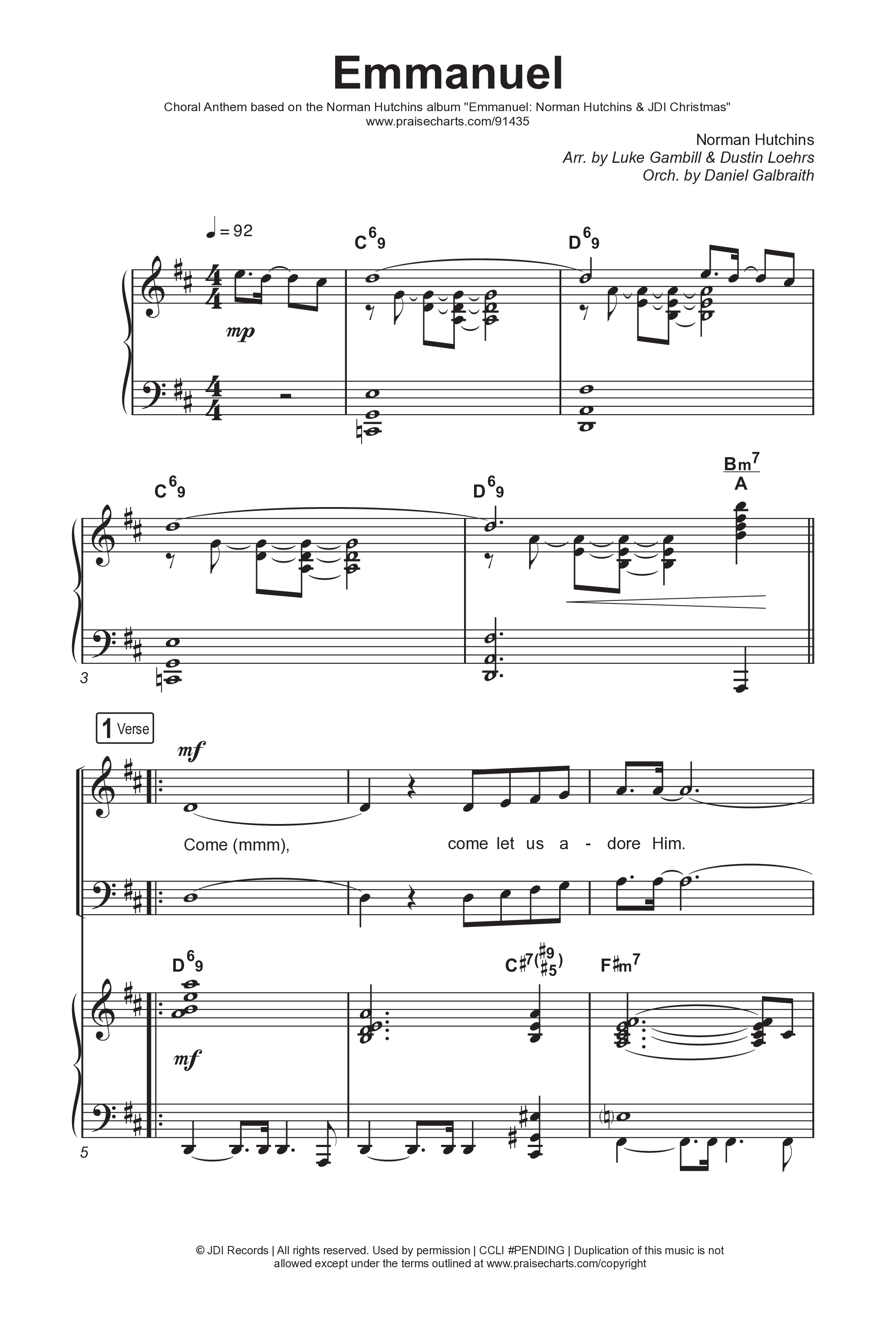 Emmanuel (Choral Anthem SATB) Octavo (SATB & Pno) (Norman Hutchins / Arr. Luke Gambill)