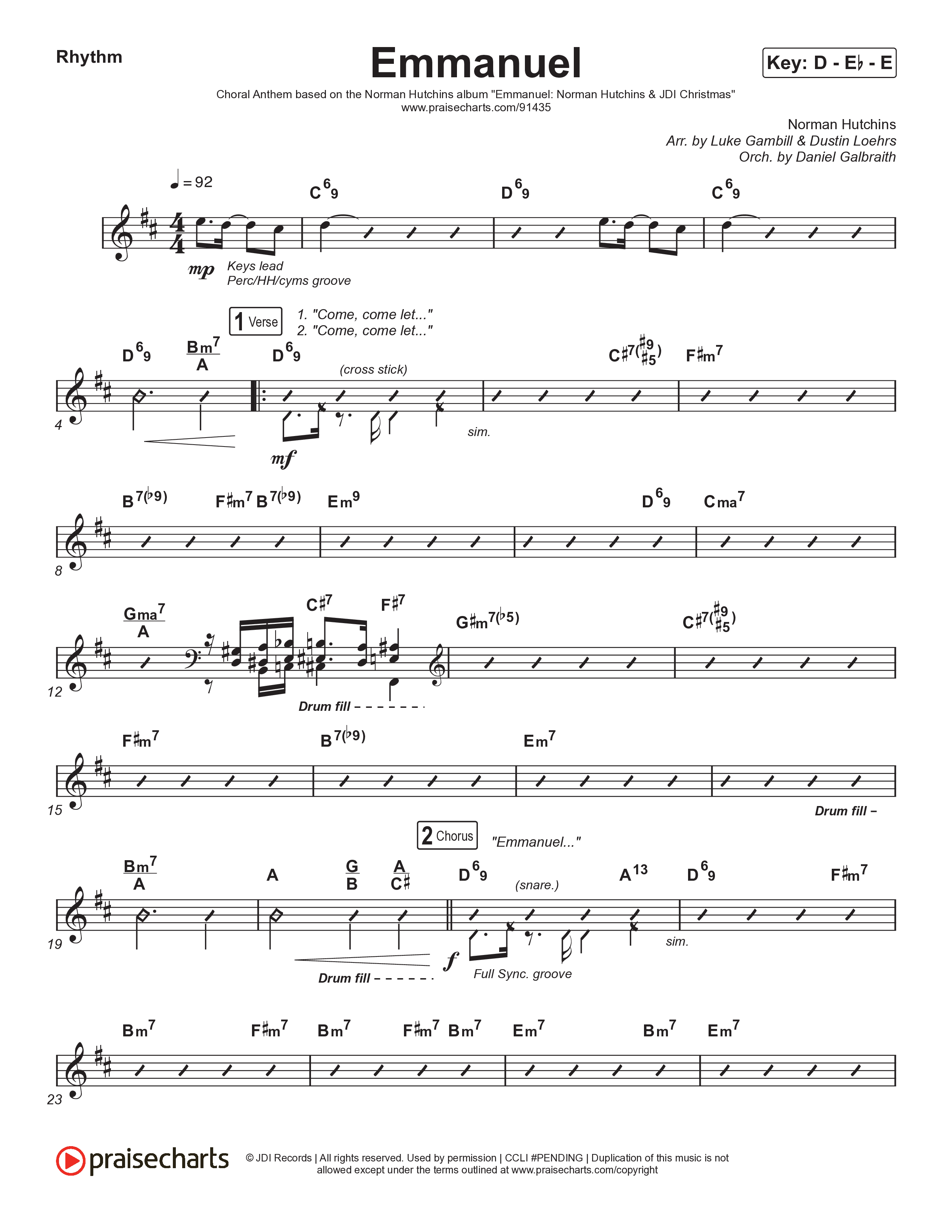 Emmanuel (Choral Anthem SATB) Rhythm Chart (Norman Hutchins / Arr. Luke Gambill)