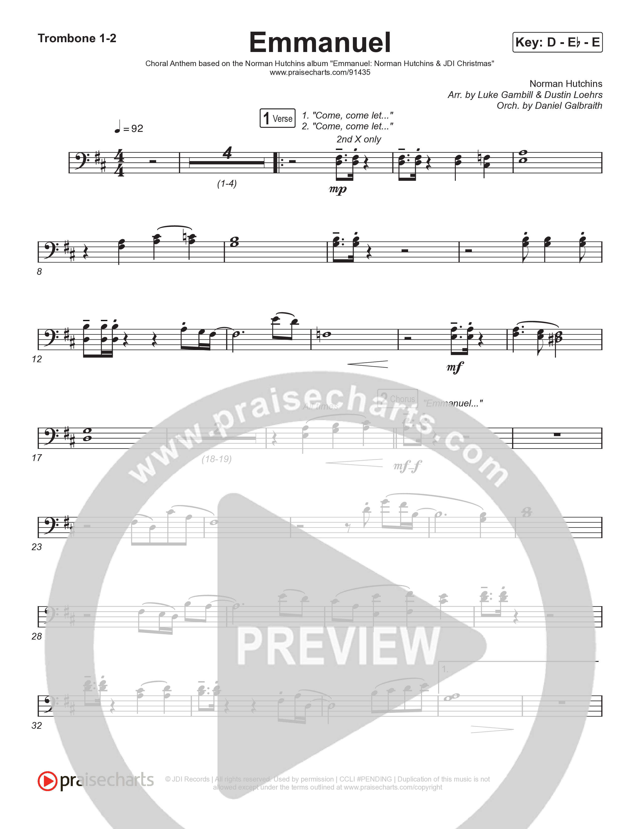 Emmanuel (Choral Anthem SATB) Trombone 1,2 (Norman Hutchins / Arr. Luke Gambill)