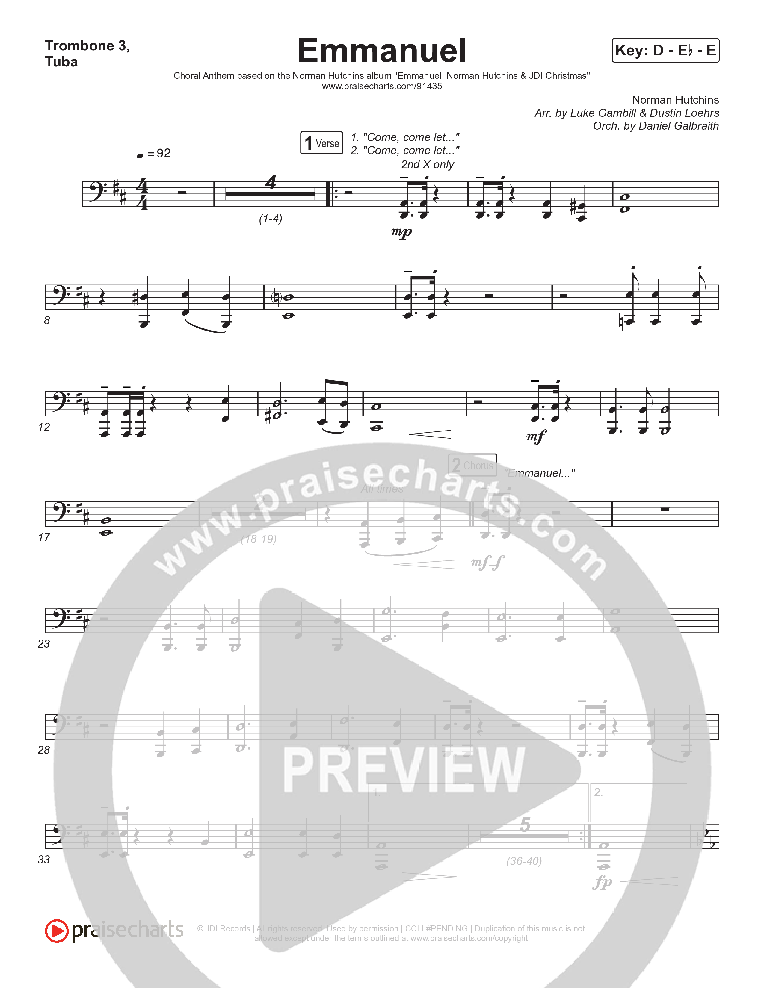 Emmanuel (Choral Anthem SATB) Trombone 1,2 (Norman Hutchins / Arr. Luke Gambill)