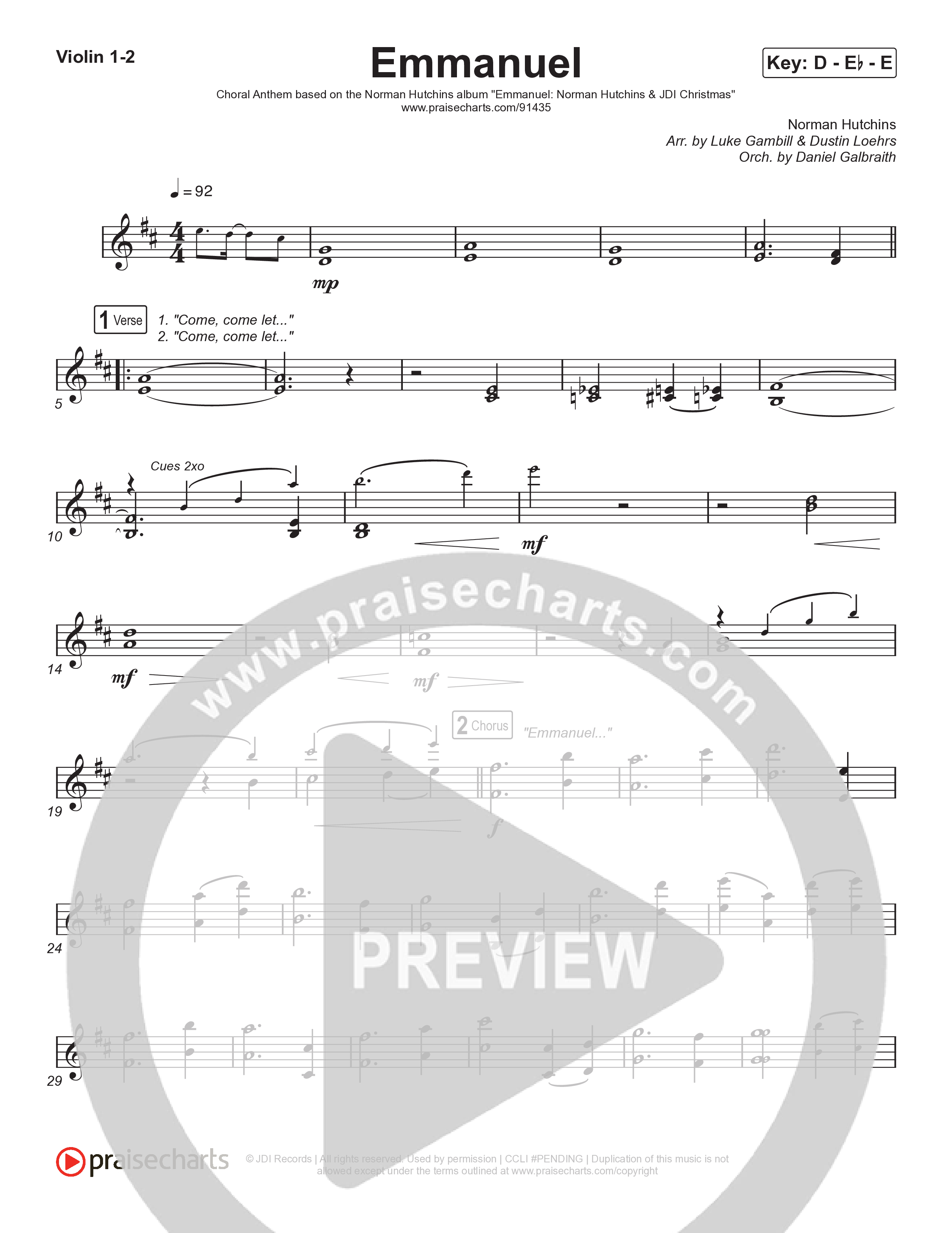 Emmanuel (Choral Anthem SATB) Violin 1,2 (Norman Hutchins / Arr. Luke Gambill)