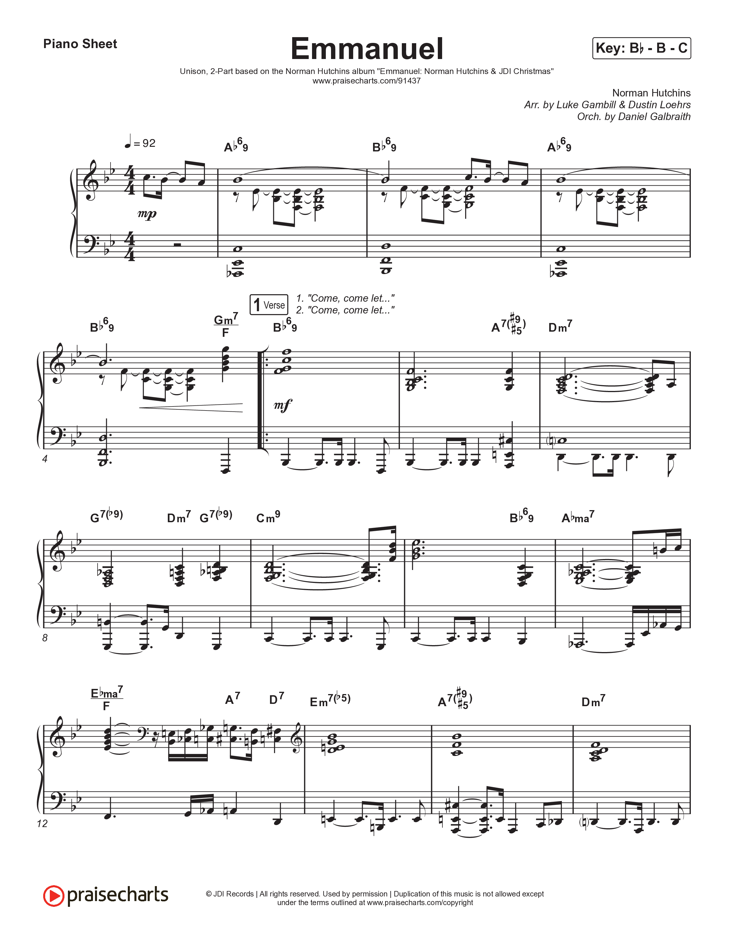 Emmanuel (Unison/2-Part) Piano Sheet (Norman Hutchins / Arr. Luke Gambill)