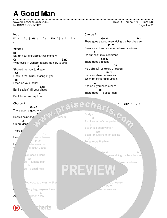 A Good Man Chords & Lyrics (for KING & COUNTRY)