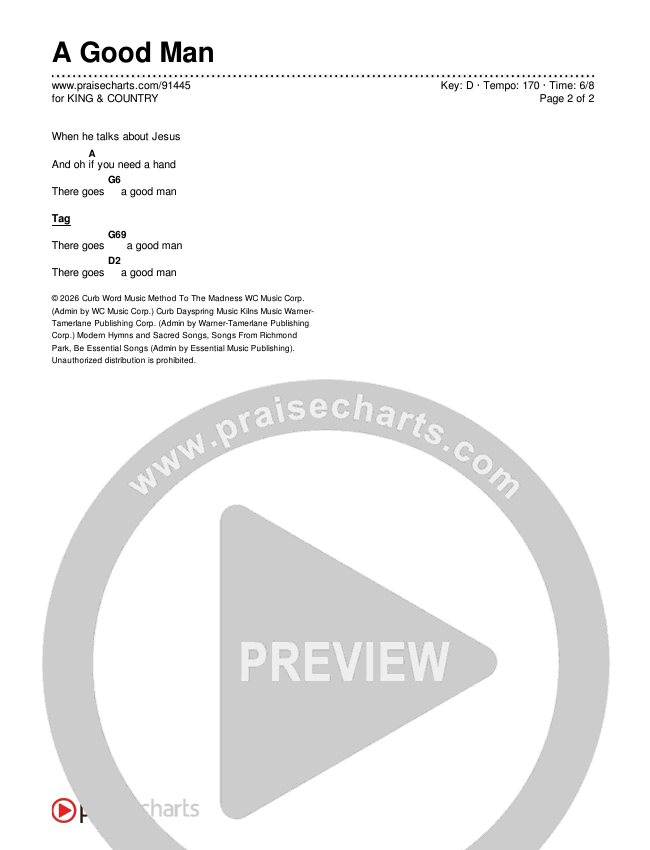 A Good Man Chords & Lyrics (for KING & COUNTRY)