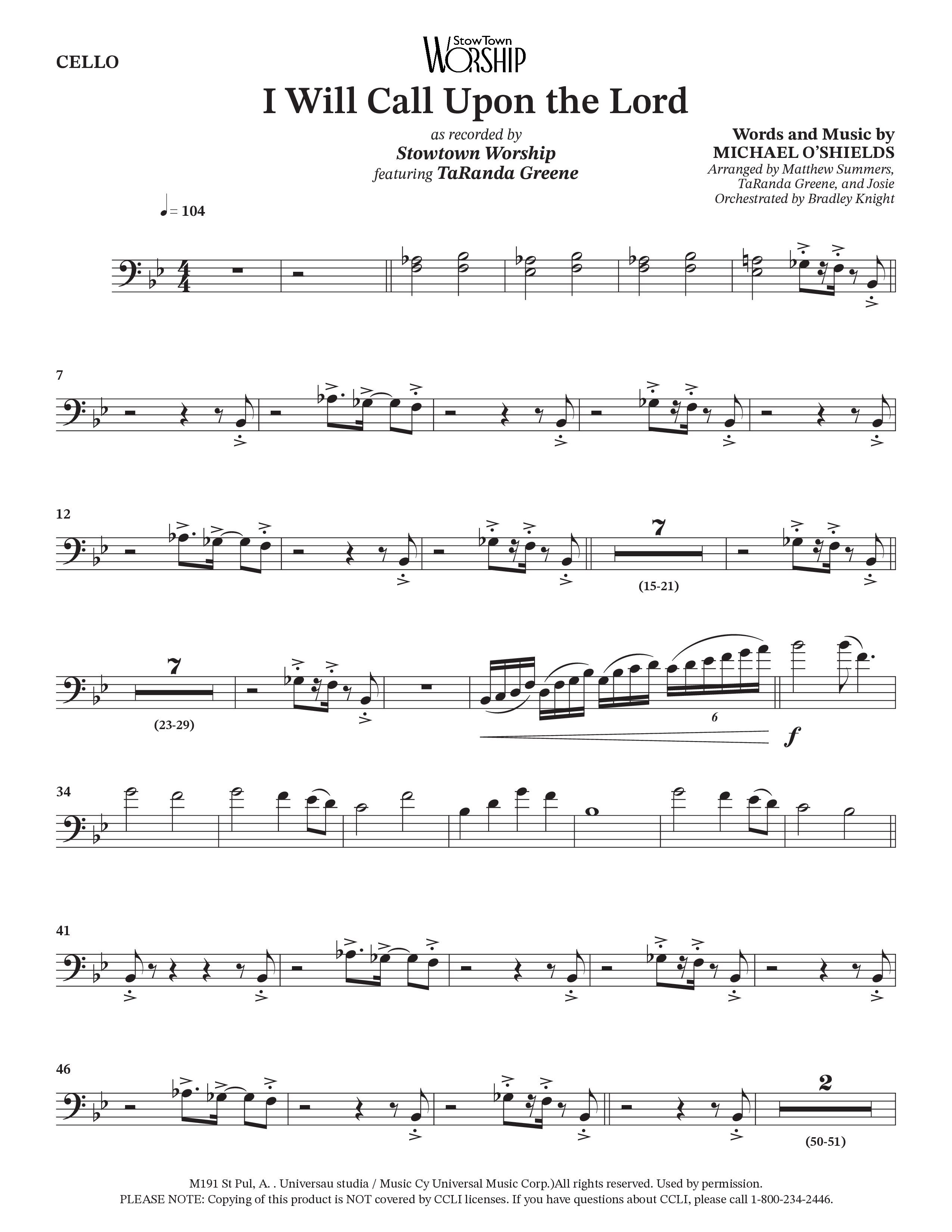 I Will Call Upon The Lord (Choral Anthem SATB) Cello (StowTown Worship / TaRanda Greene)
