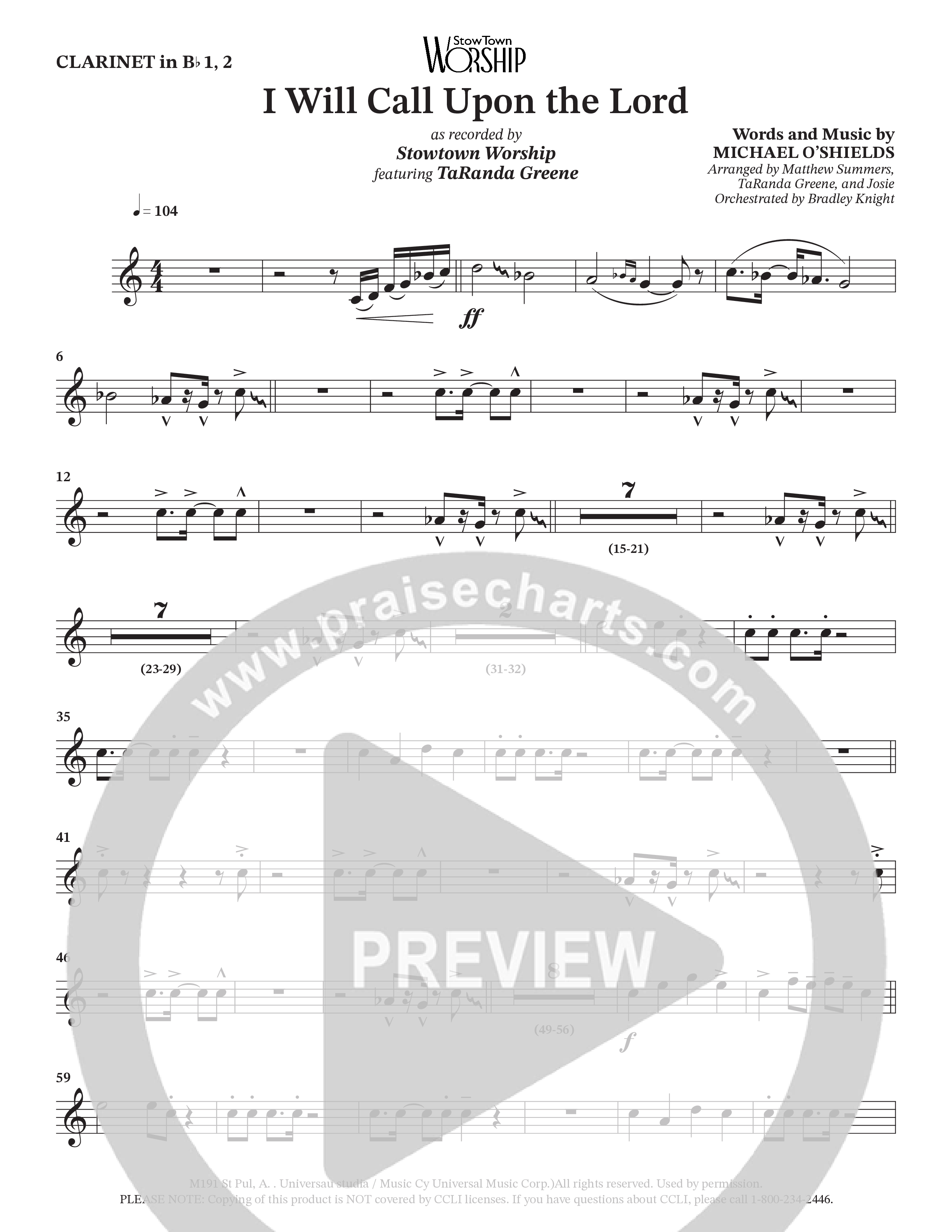 I Will Call Upon The Lord (Choral Anthem SATB) Clarinet 1/2 (StowTown Worship / TaRanda Greene)