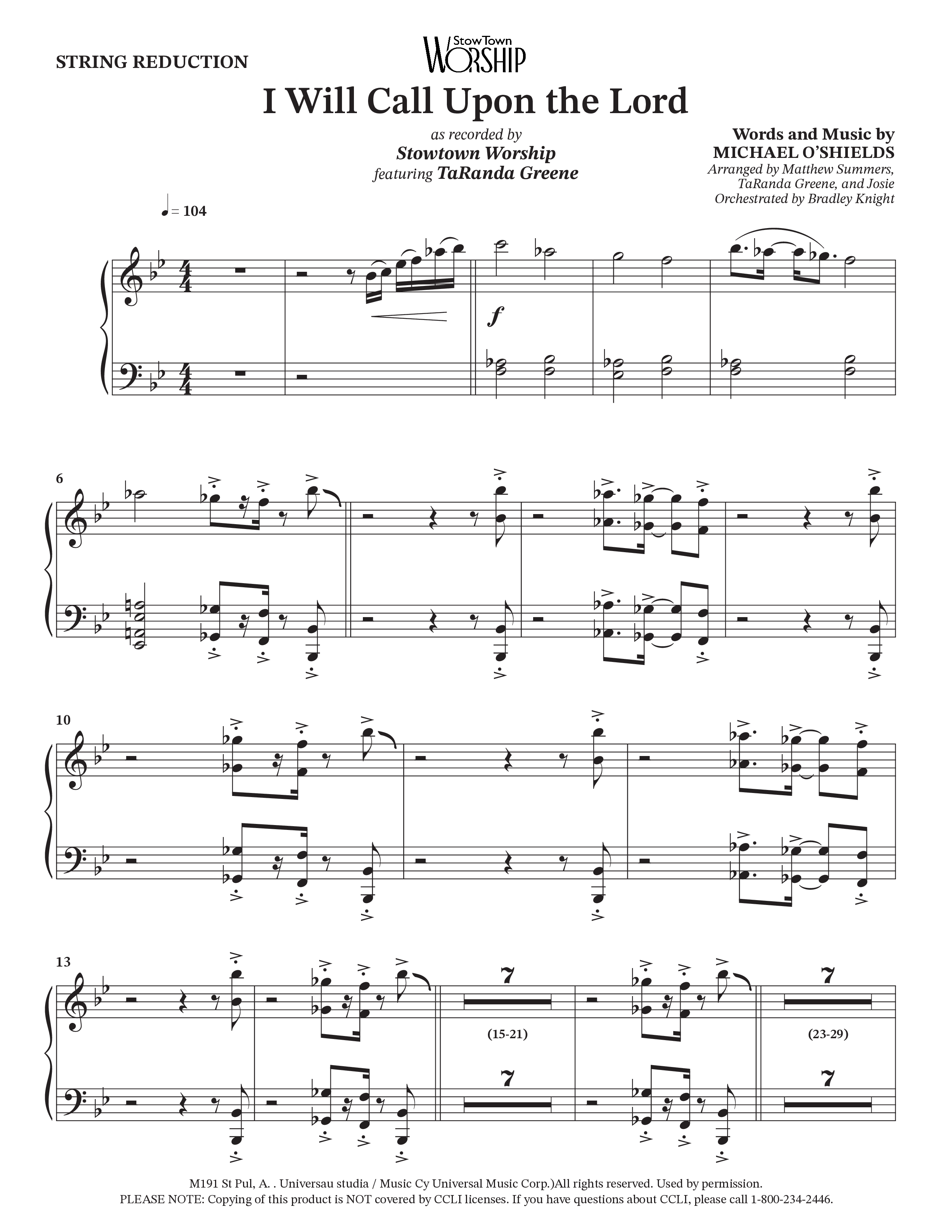 I Will Call Upon The Lord (Choral Anthem SATB) String Reduction (StowTown Worship / TaRanda Greene)