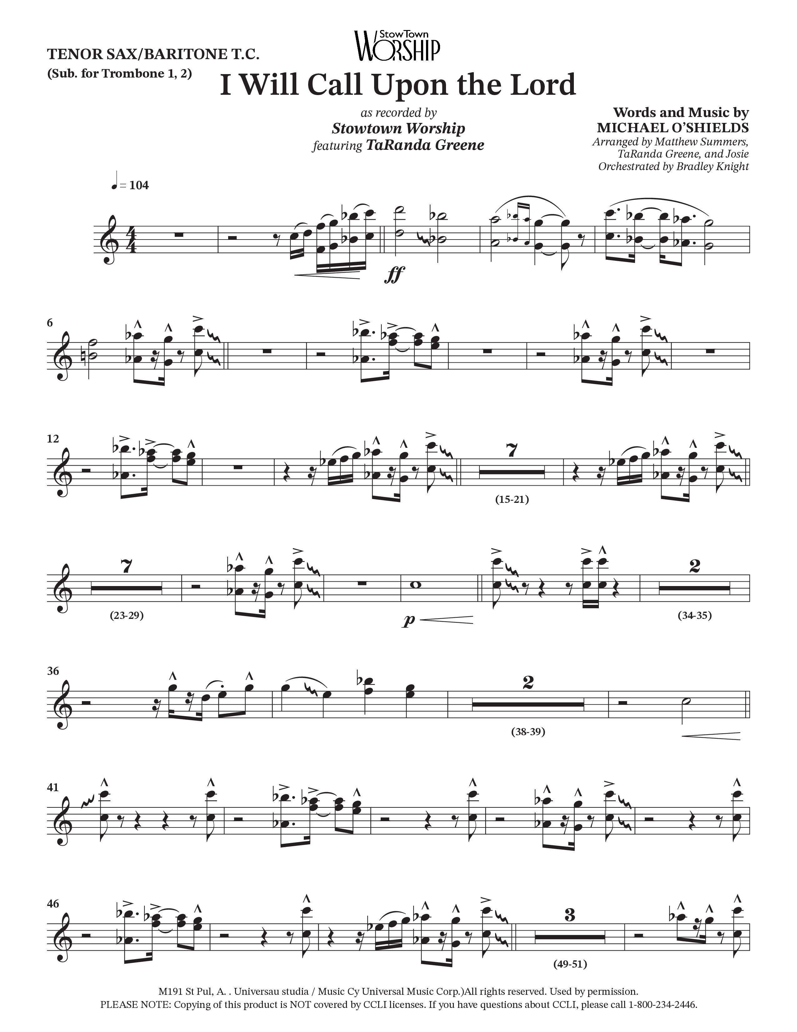 I Will Call Upon The Lord (Choral Anthem SATB) Tenor Sax/Baritone T.C. (StowTown Worship / TaRanda Greene)