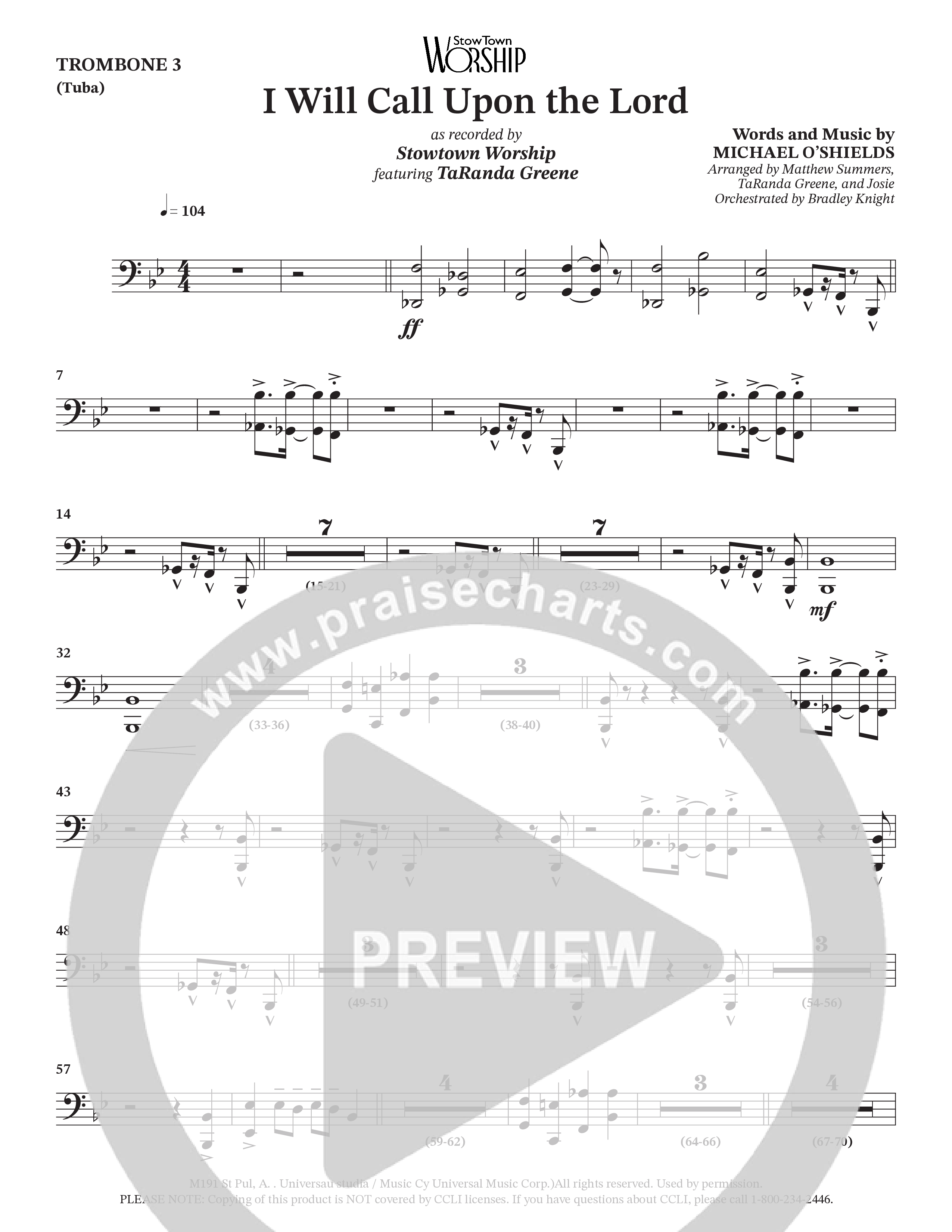 I Will Call Upon The Lord (Choral Anthem SATB) Trombone 3 (StowTown Worship / TaRanda Greene)