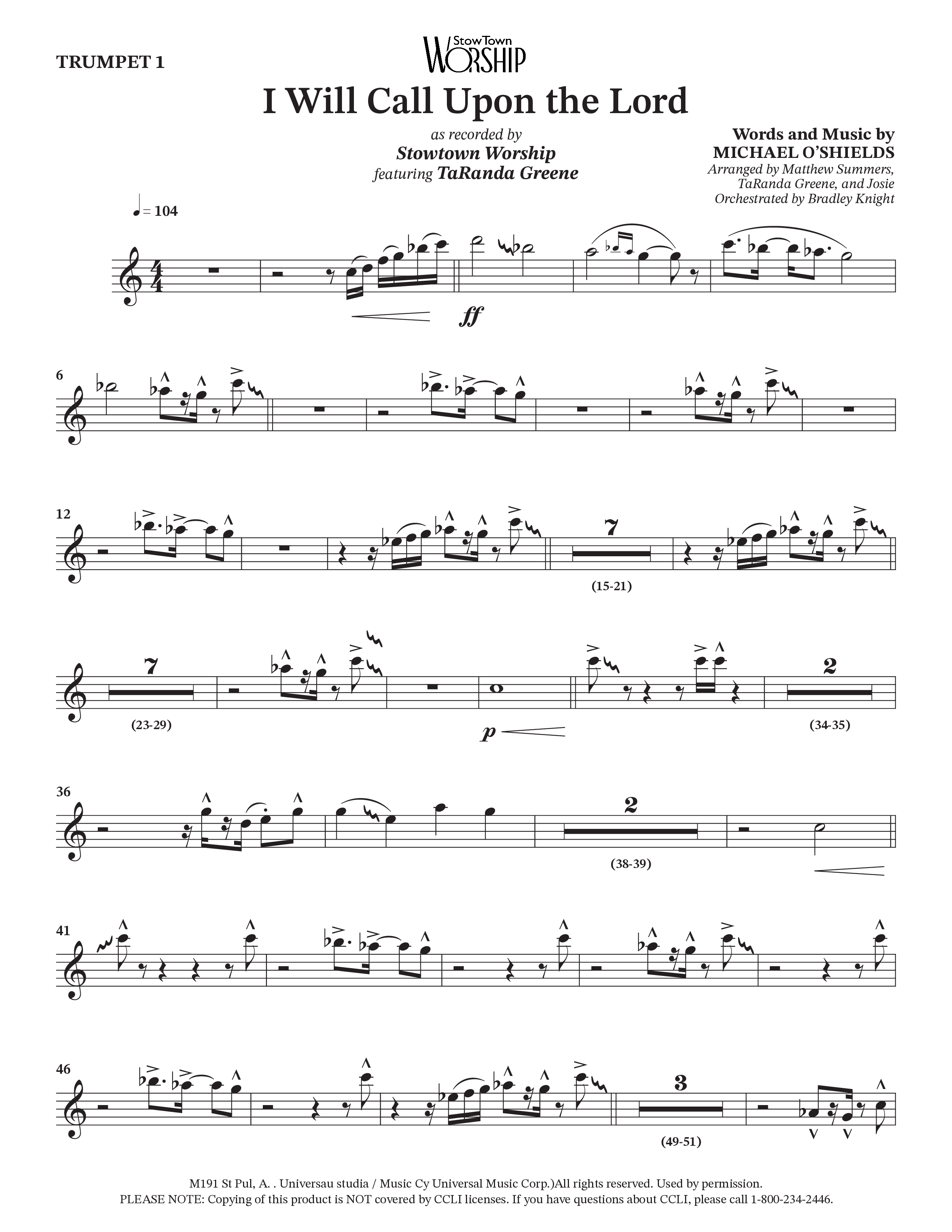 I Will Call Upon The Lord (Choral Anthem SATB) Trumpet 1 (StowTown Worship / TaRanda Greene)