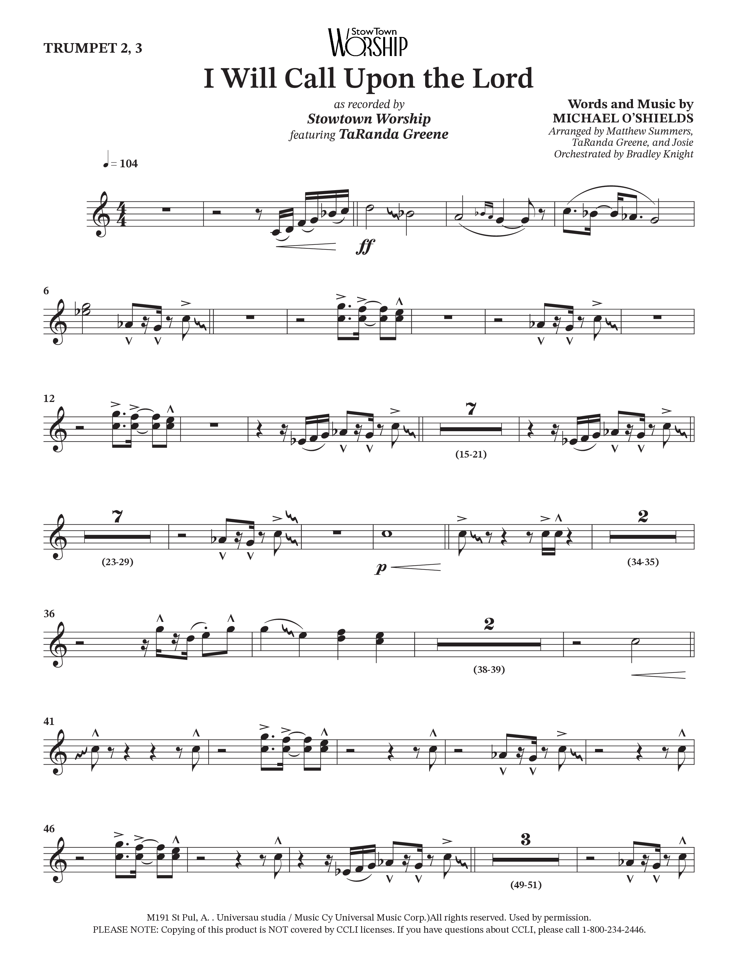 I Will Call Upon The Lord (Choral Anthem SATB) Trumpet 2/3 (StowTown Worship / TaRanda Greene)
