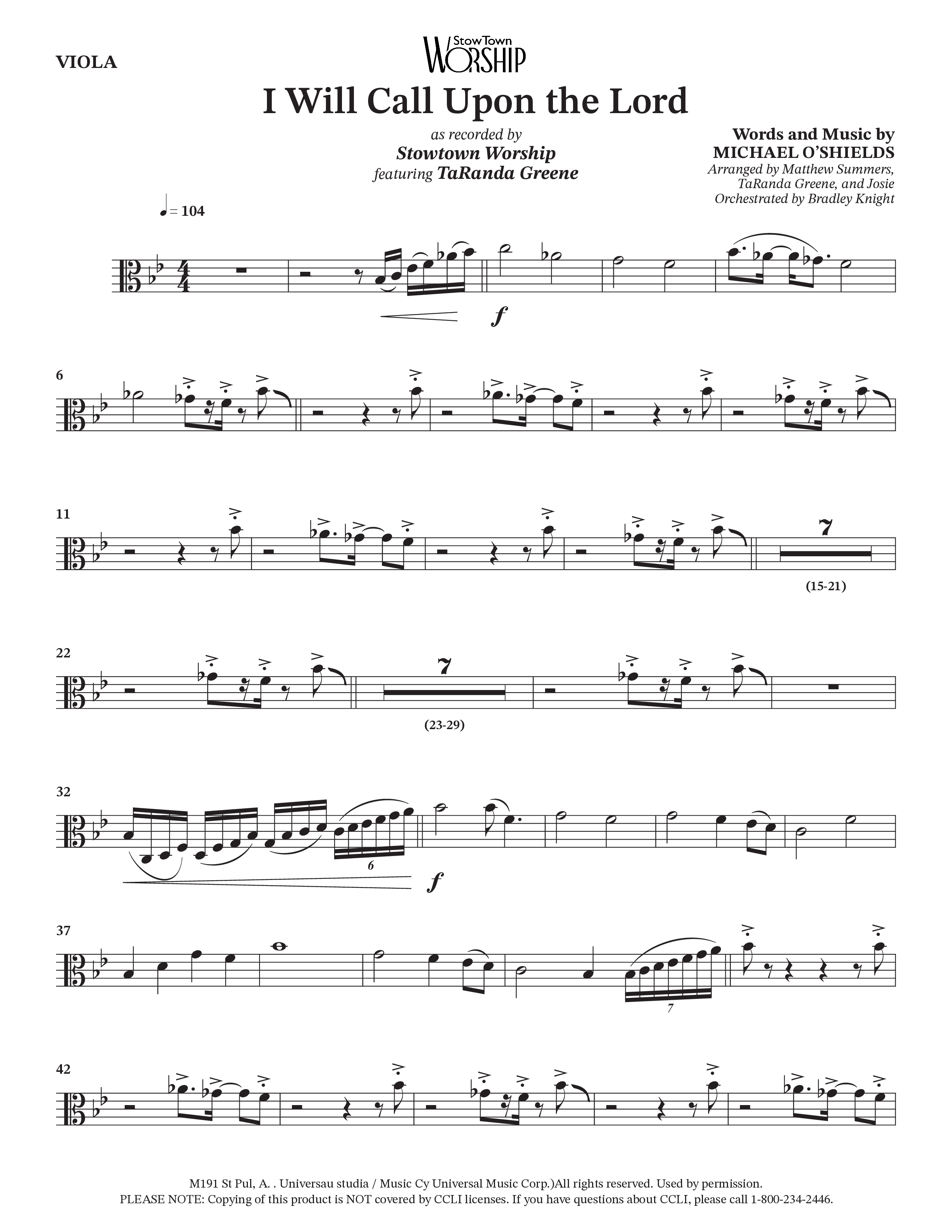 I Will Call Upon The Lord (Choral Anthem SATB) Viola (StowTown Worship / TaRanda Greene)