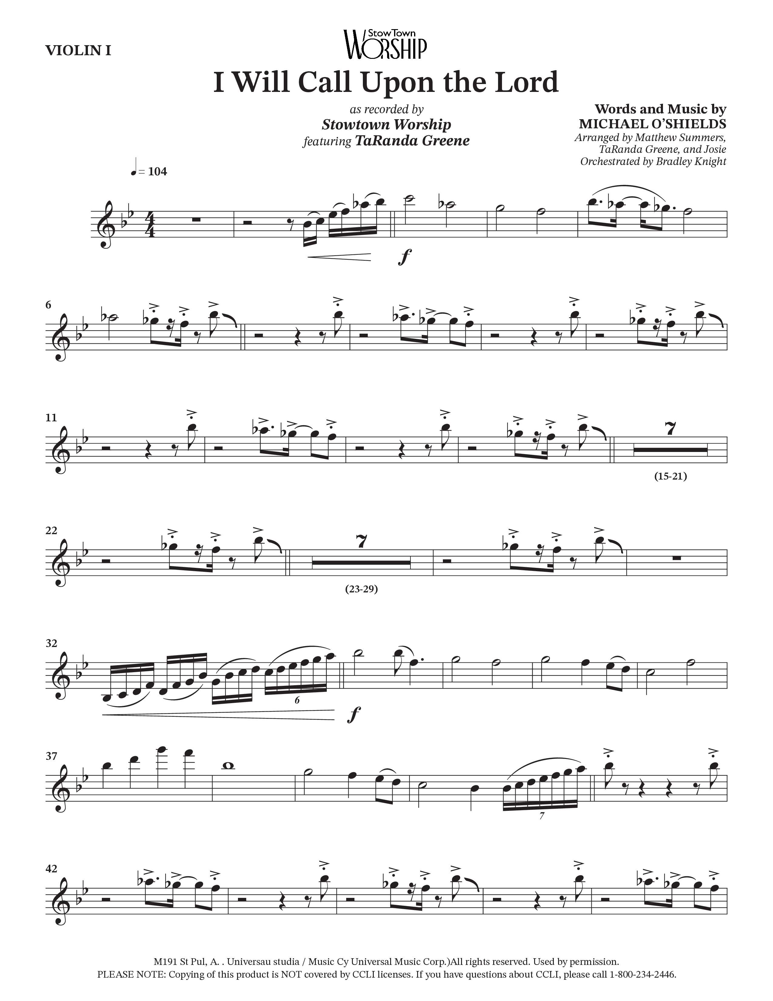 I Will Call Upon The Lord (Choral Anthem SATB) Violin 1 (StowTown Worship / TaRanda Greene)