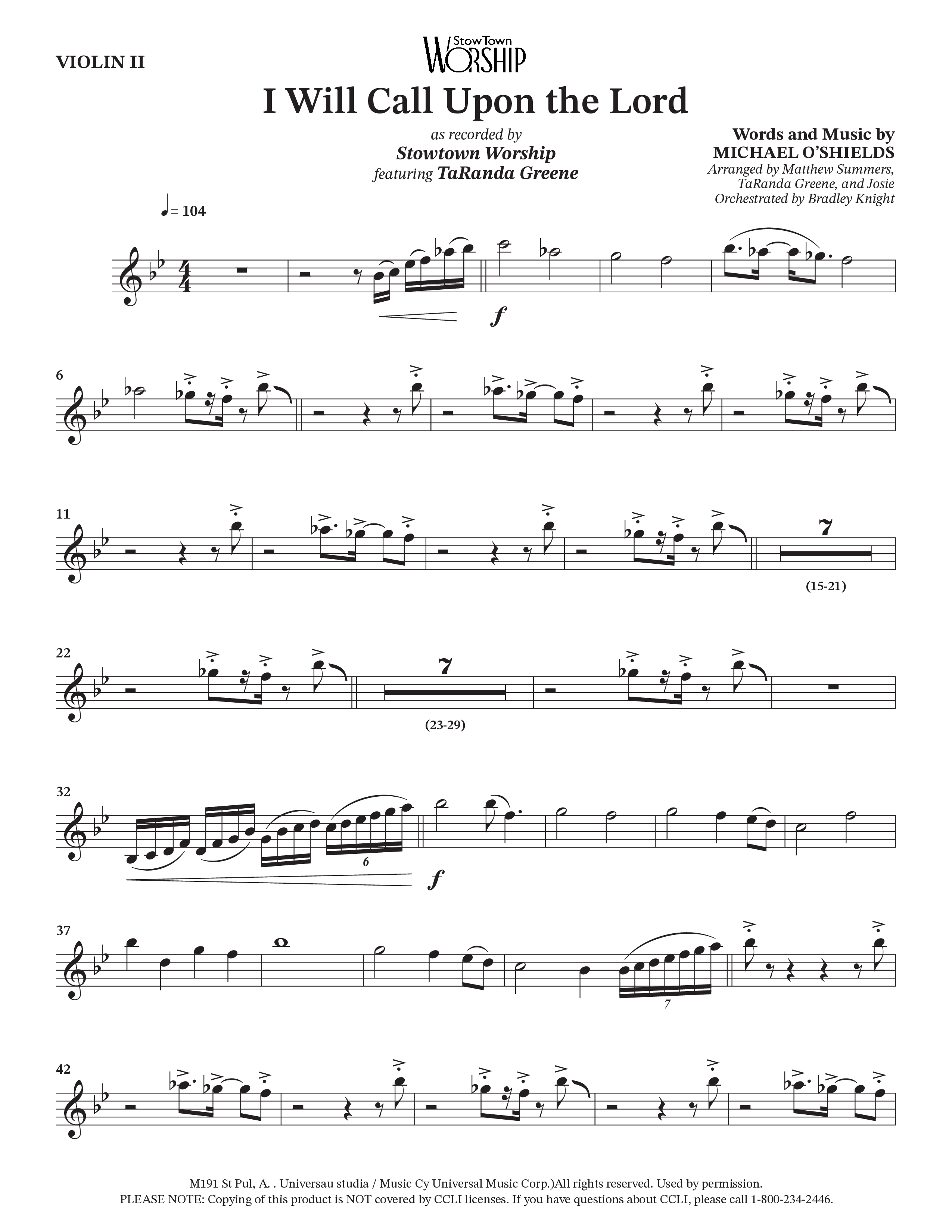 I Will Call Upon The Lord (Choral Anthem SATB) Violin 2 (StowTown Worship / TaRanda Greene)