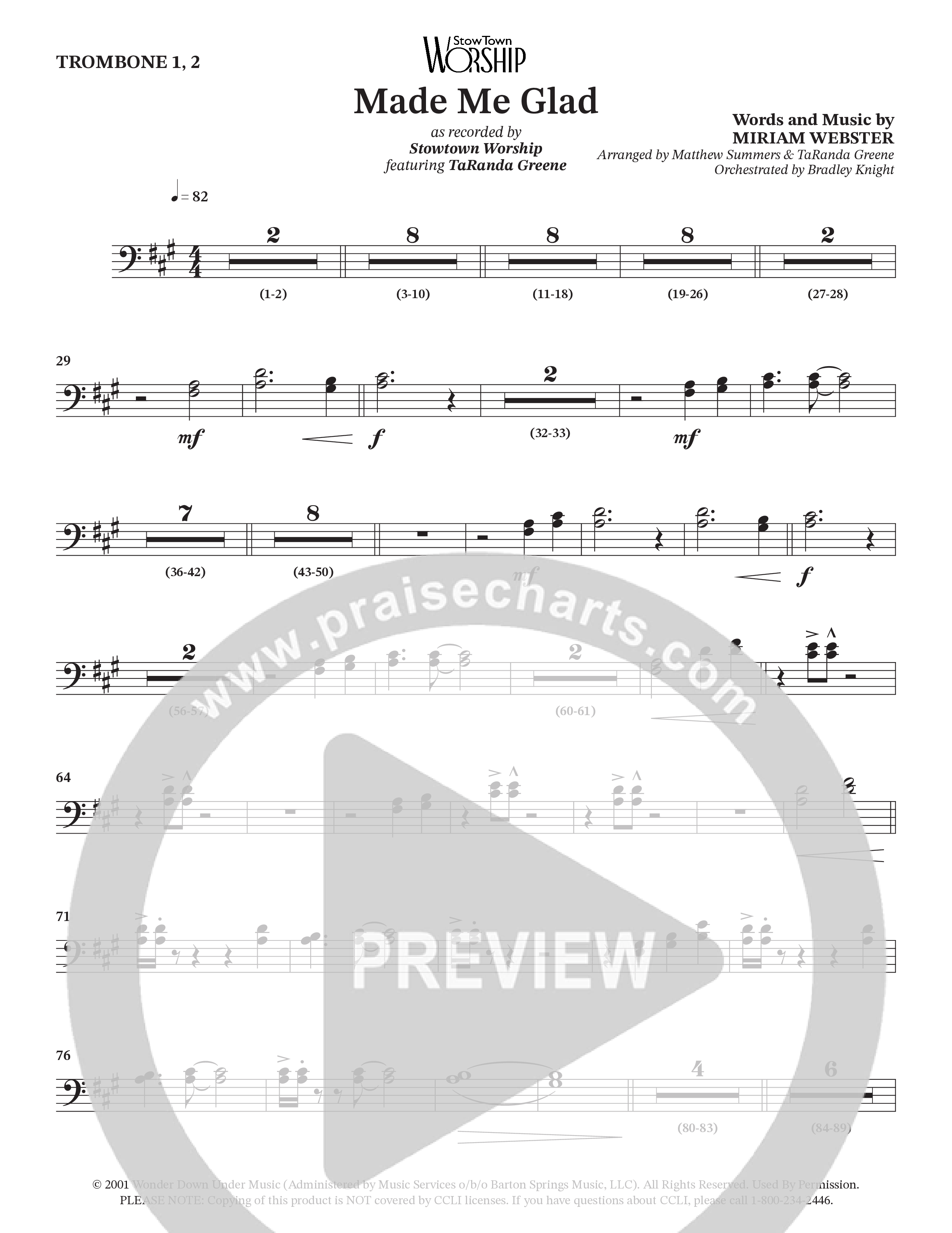 Made Me Glad (Choral Anthem SATB) Trombone 1/2 (StowTown Worship / TaRanda Greene)