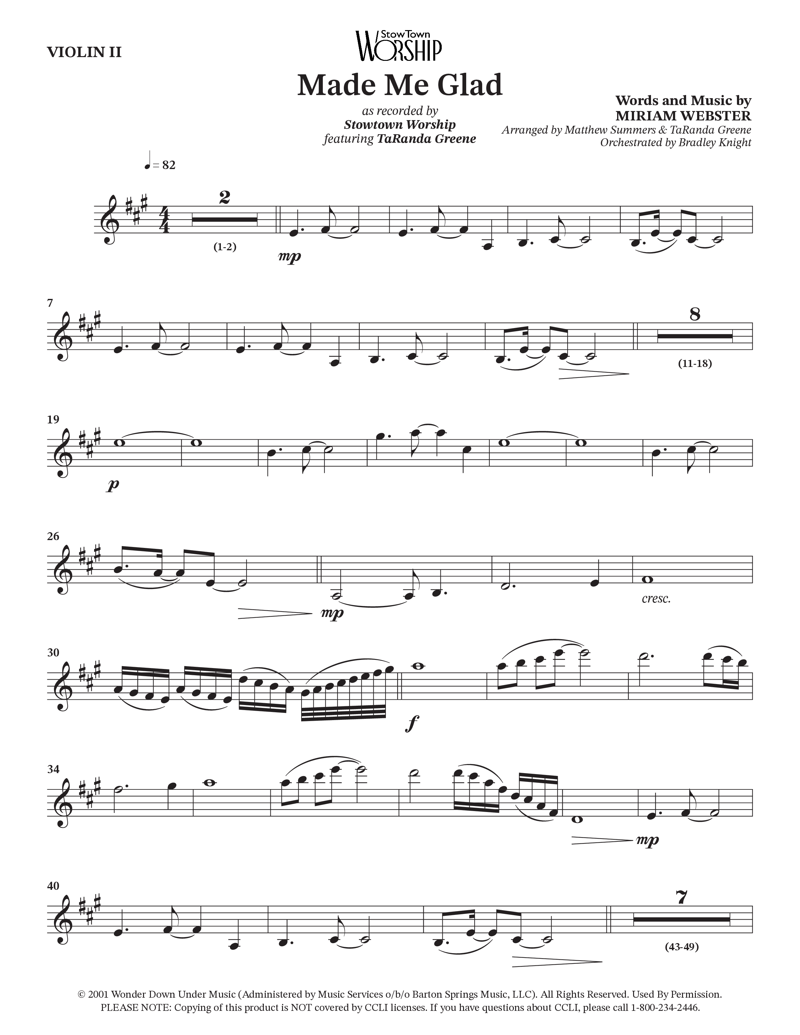 Made Me Glad (Choral Anthem SATB) Violin 2 (StowTown Worship / TaRanda Greene)