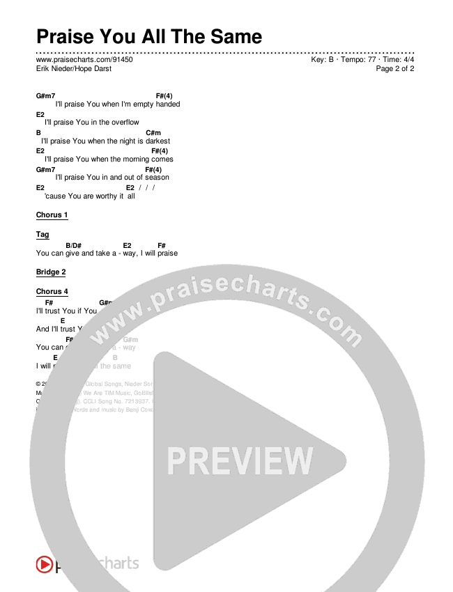 Praise You All The Same Chords & Lyrics (Erik Nieder / Hope Darst)