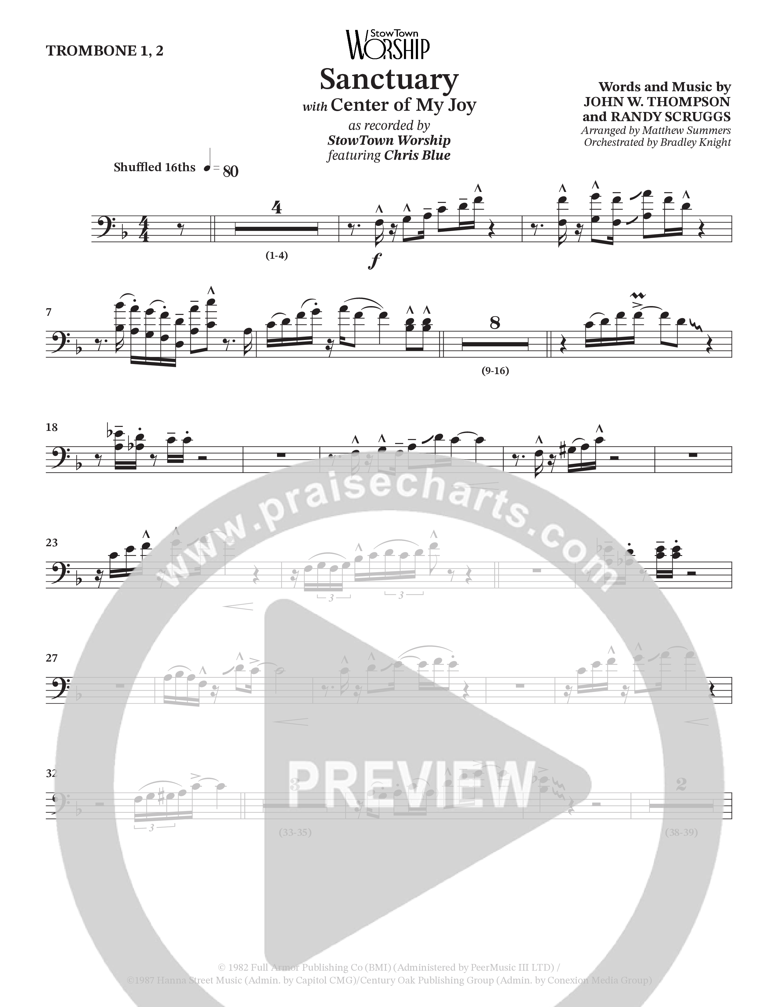 Sanctuary (with Center Of My Joy) (Choral Anthem SATB) Trombone 1/2 (StowTown Worship / Chris Blue)