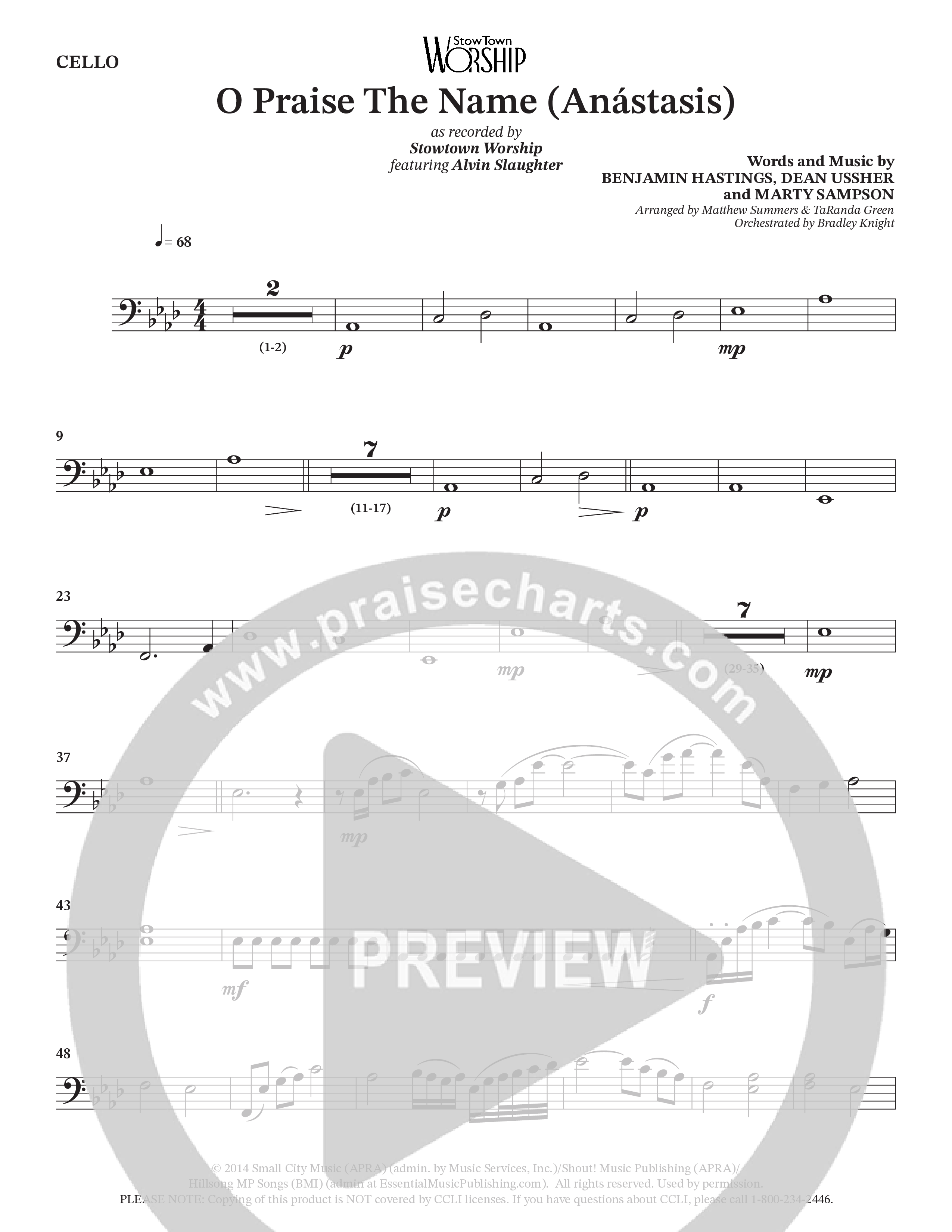 O Praise The Name (Anastasis) (Choral Anthem SATB) Cello (StowTown Worship / Alvin Slaughter)