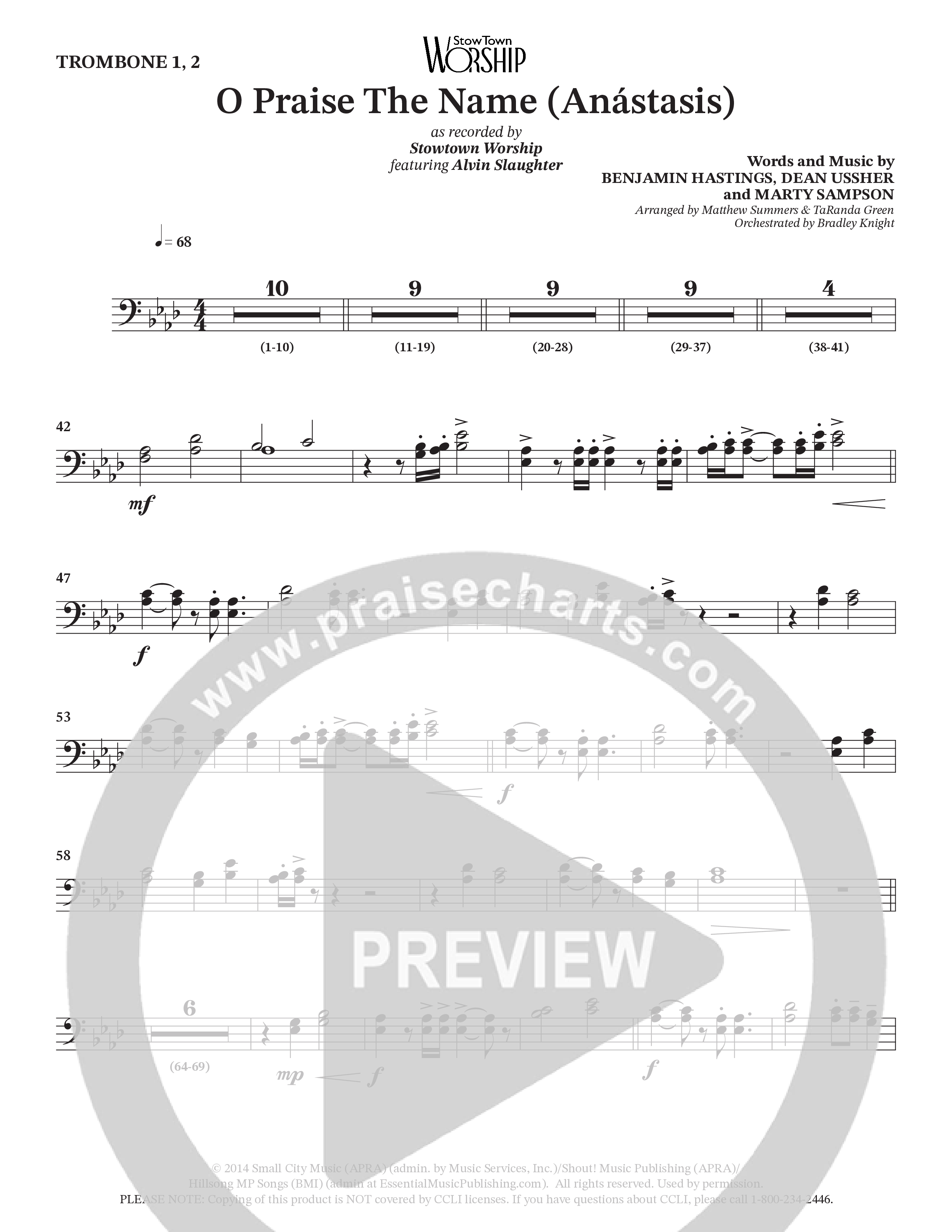 O Praise The Name (Anastasis) (Choral Anthem SATB) Trombone 1/2 (StowTown Worship / Alvin Slaughter)