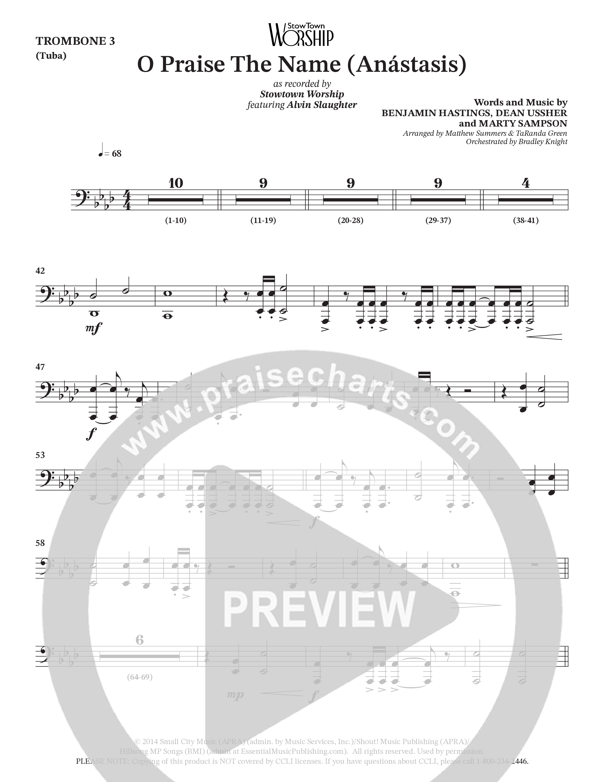 O Praise The Name (Anastasis) (Choral Anthem SATB) Trombone 3/Tuba (StowTown Worship / Alvin Slaughter)