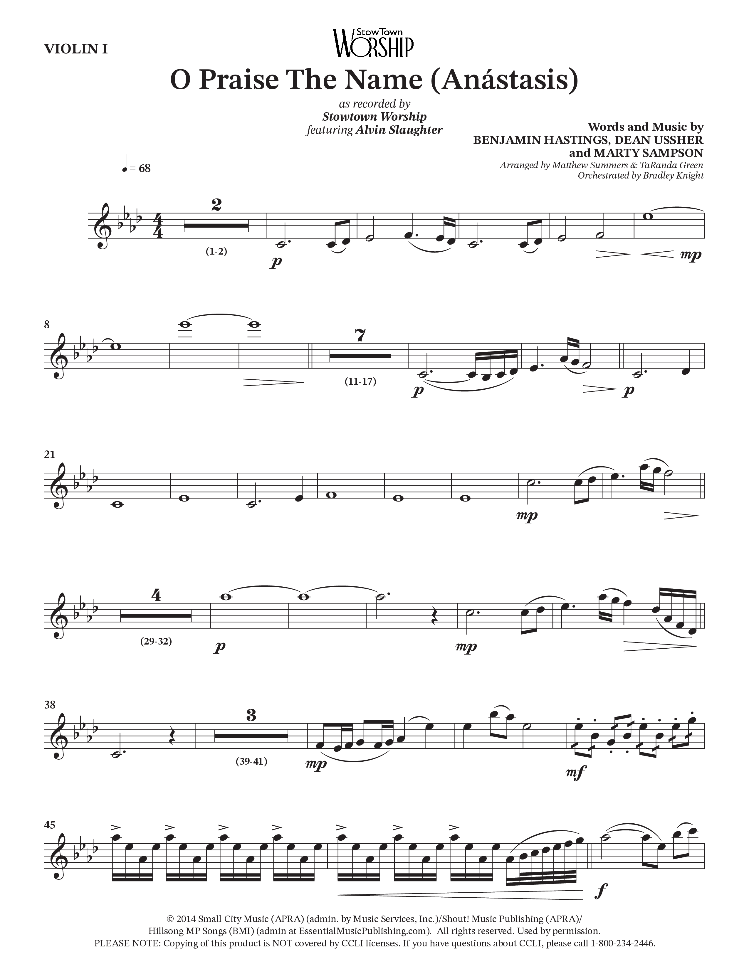 O Praise The Name (Anastasis) (Choral Anthem SATB) Violin 1 (StowTown Worship / Alvin Slaughter)