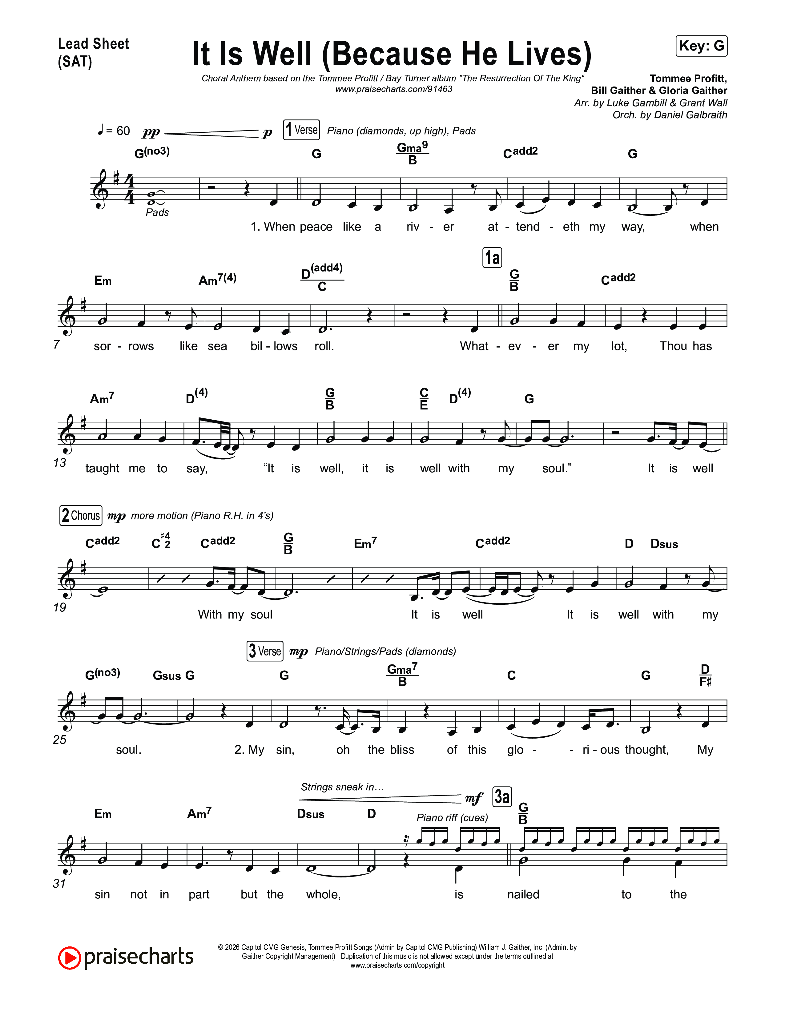 It Is Well (Because He Lives) (Choral Anthem SATB) Lead Sheet (SAT) (Tommee Profitt / Bay Turner / Arr. Luke Gambill)