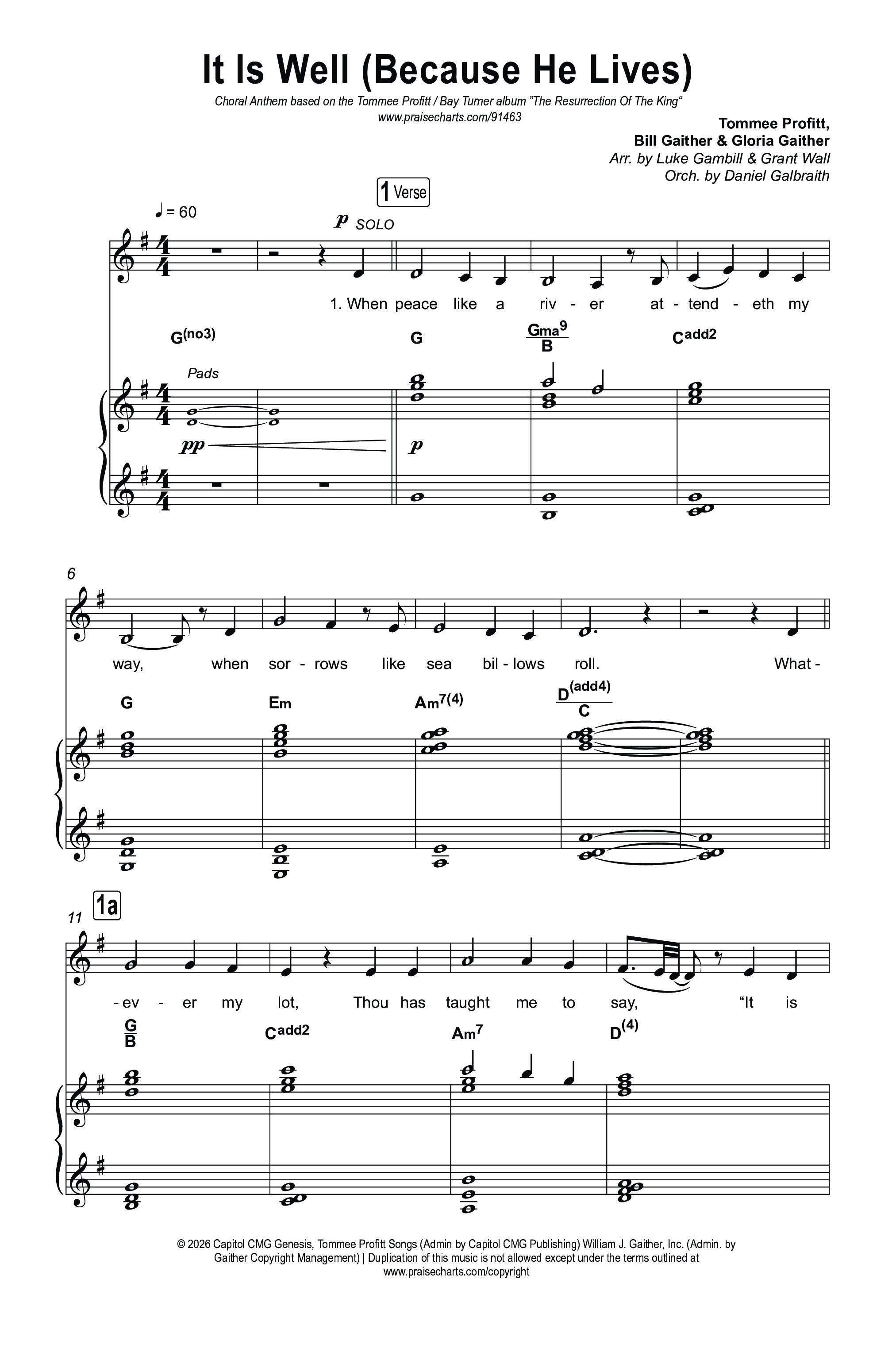 It Is Well (Because He Lives) (Choral Anthem SATB) Octavo (SATB & Pno) (Tommee Profitt / Bay Turner / Arr. Luke Gambill)