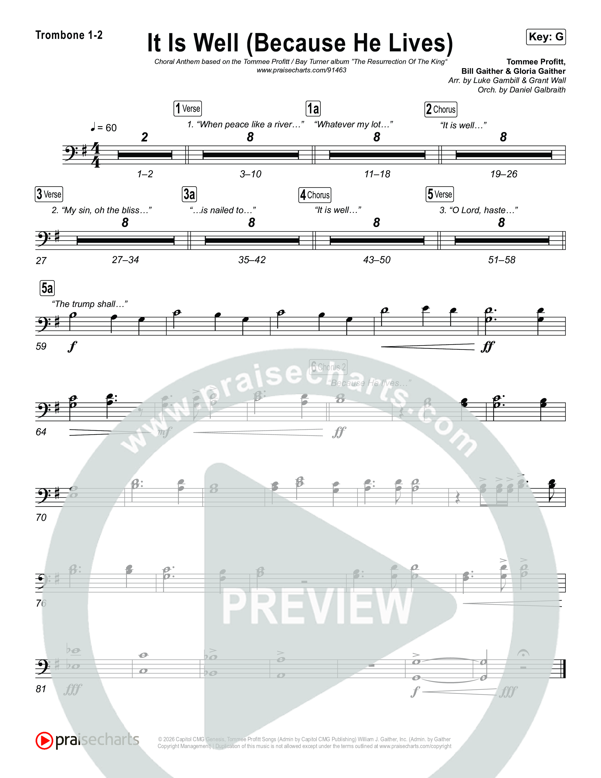 It Is Well (Because He Lives) (Choral Anthem SATB) Trombone 1,2 (Tommee Profitt / Bay Turner / Arr. Luke Gambill)