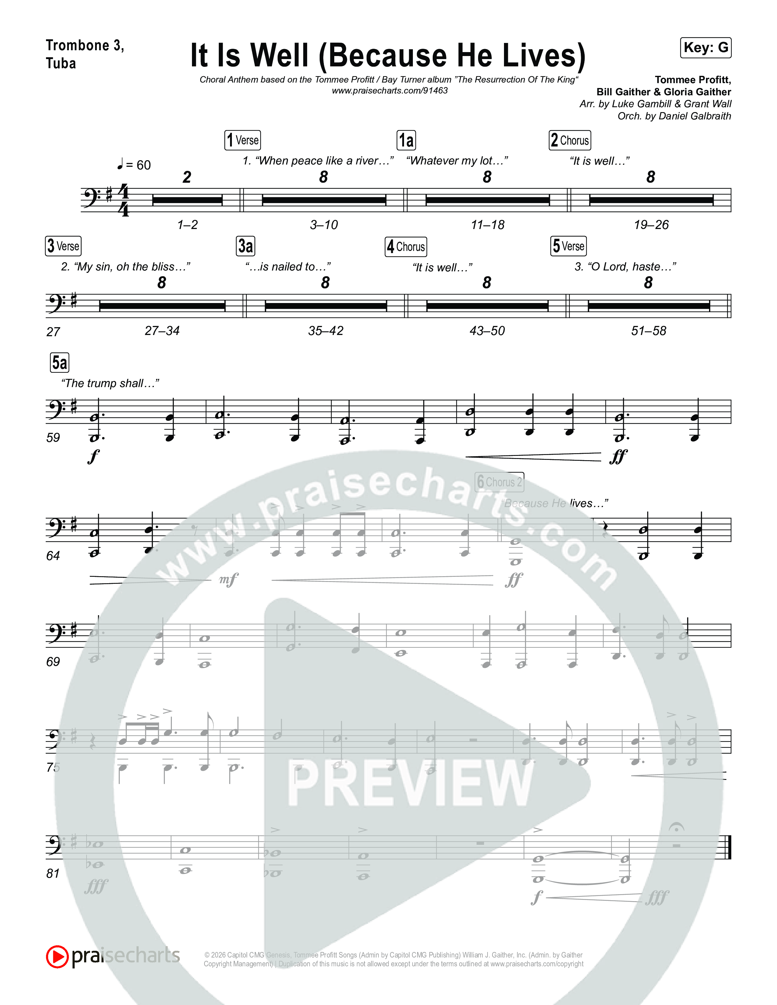 It Is Well (Because He Lives) (Choral Anthem SATB) Trombone 1,2 (Tommee Profitt / Bay Turner / Arr. Luke Gambill)
