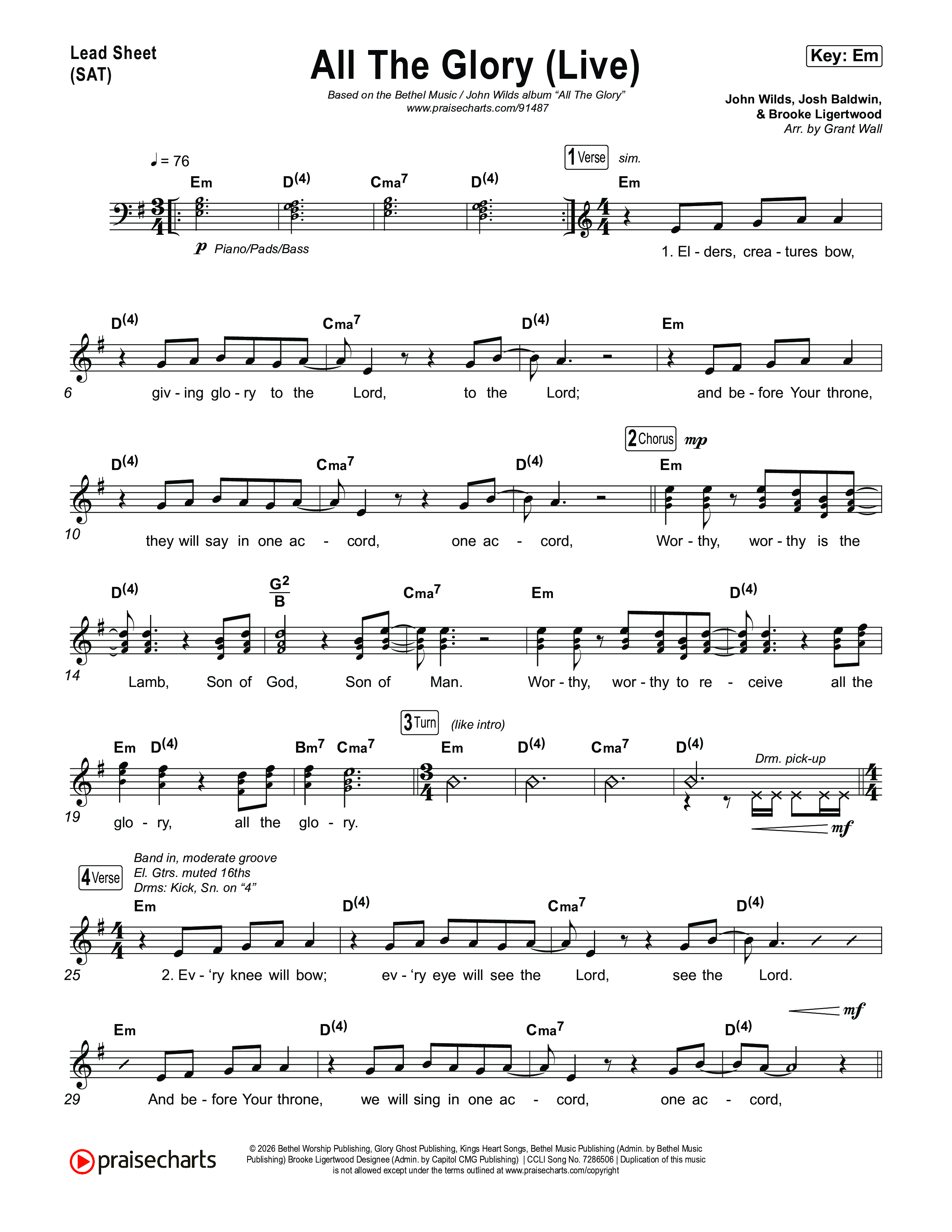 All The Glory (Live) Lead Sheet (SAT) (Bethel Music)