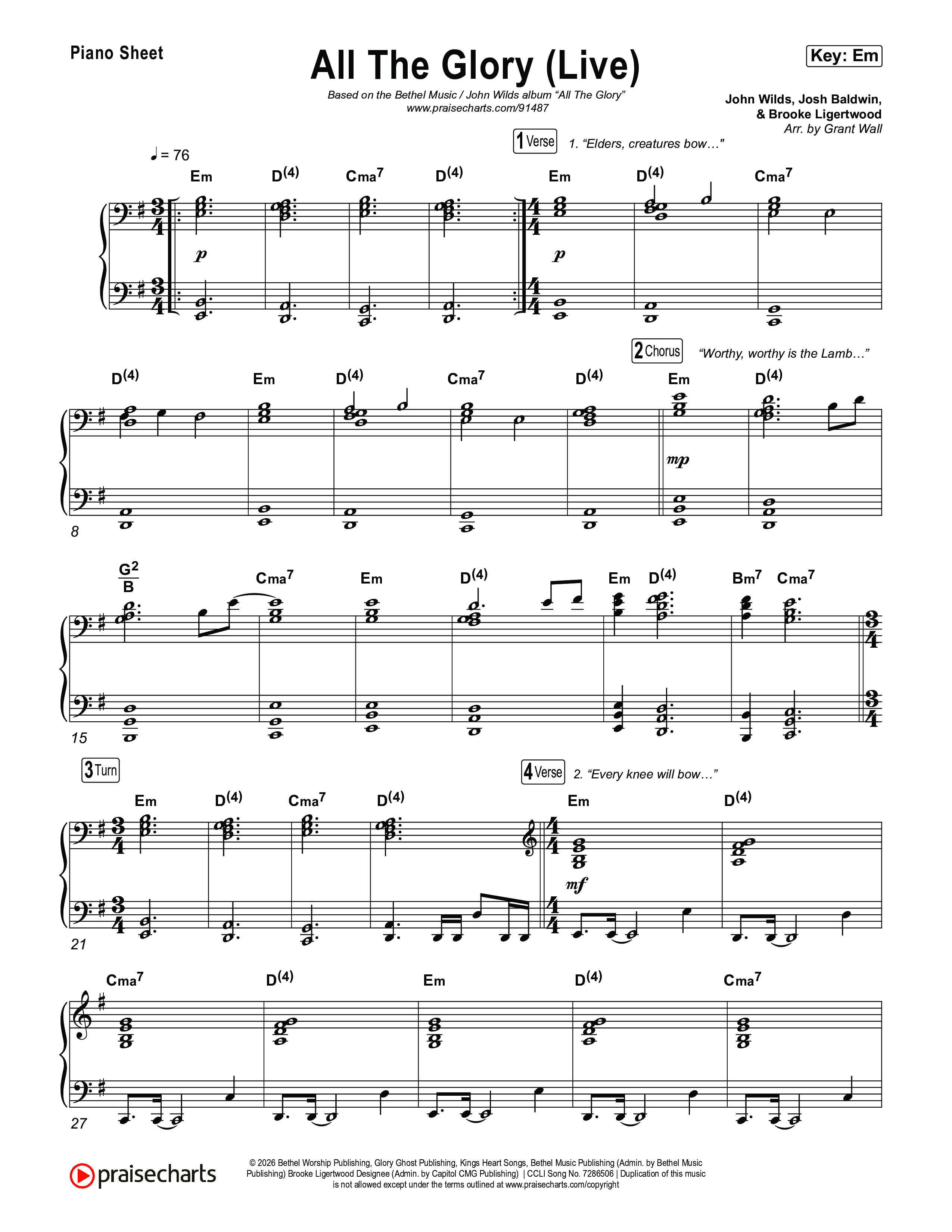 All The Glory (Live) Piano Sheet (Bethel Music)