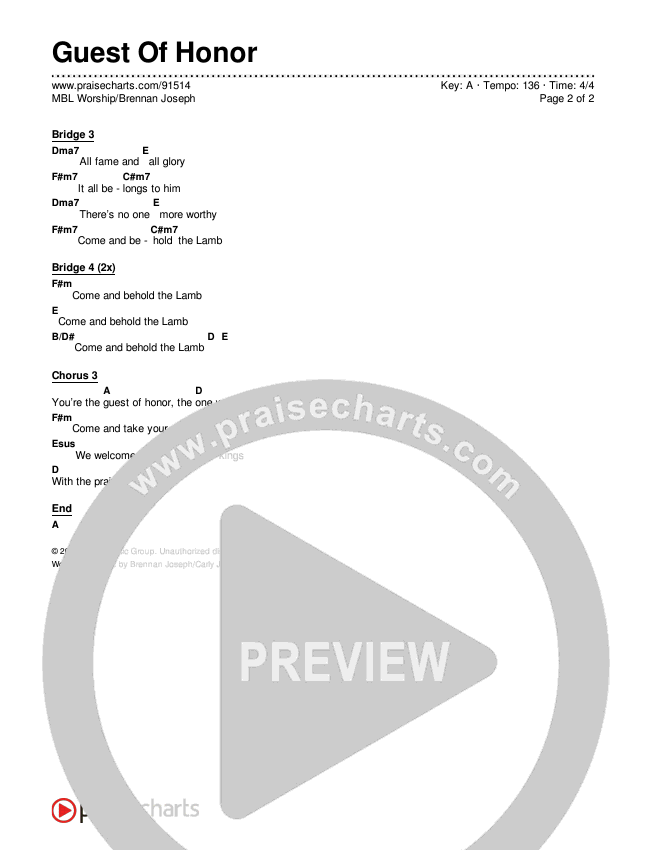 Guest Of Honor Chords & Lyrics (MBL Worship / Brennan Joseph)