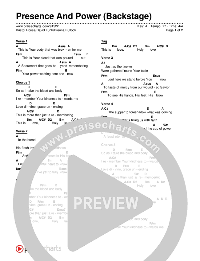 Presence And Power (Backstage) Chords & Lyrics (Bristol House / David Funk / Brenna Bullock)
