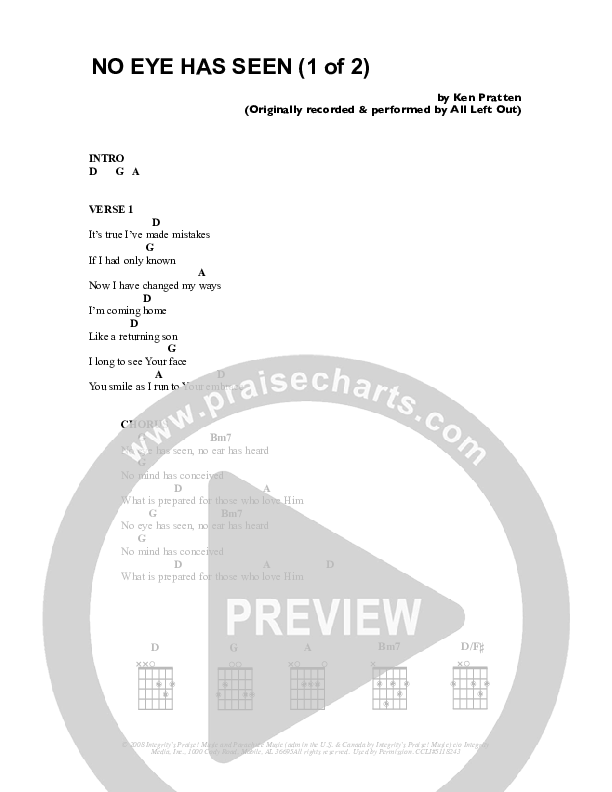 No Eye Has Seen Chord Chart (Parachute Band)