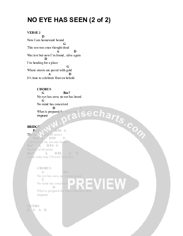 No Eye Has Seen Chord Chart (Parachute Band)