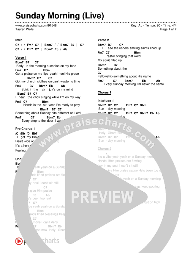 Sunday Morning (Live) Chords & Lyrics (Tauren Wells)